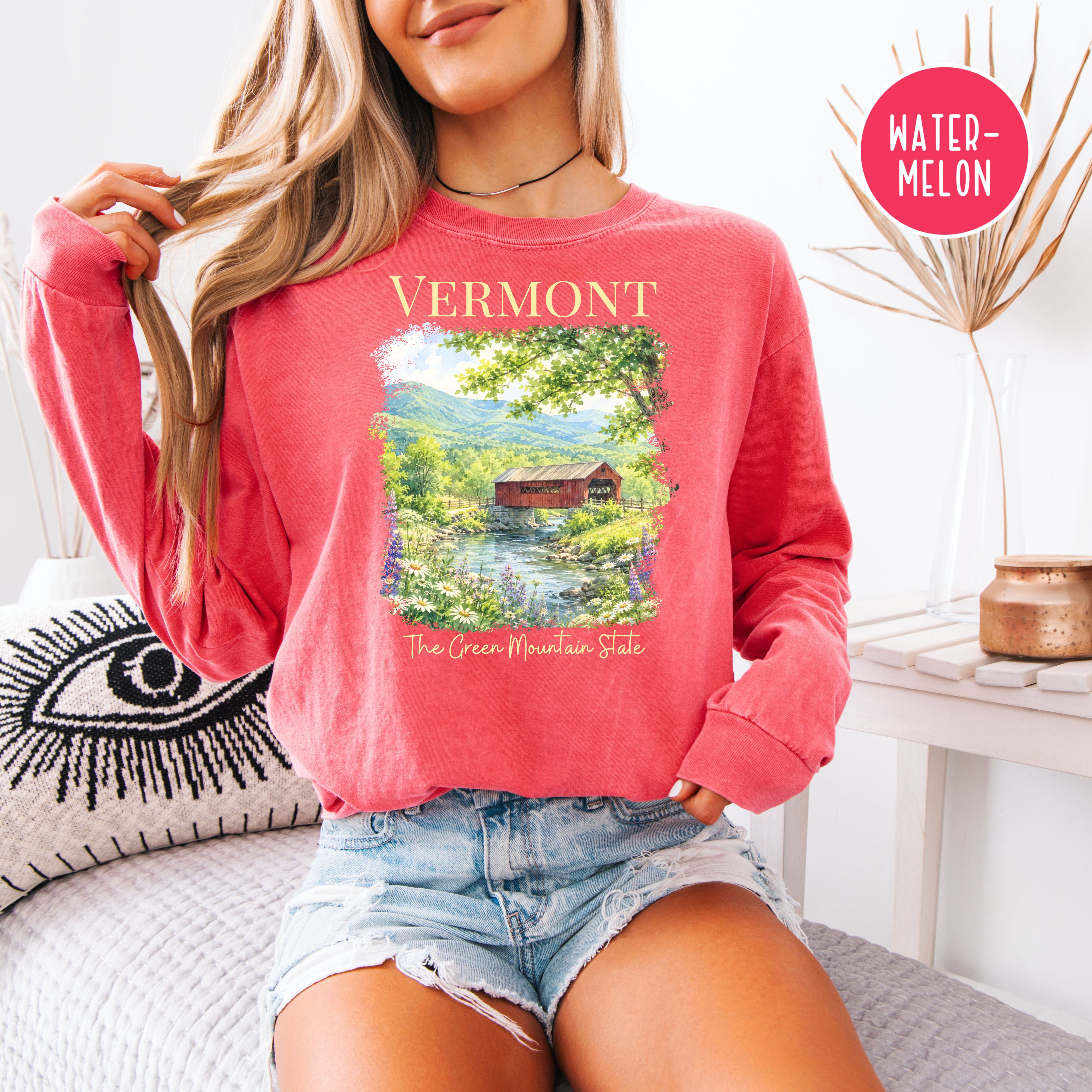 Vermont Long Sleeve Comfort Colors Vacation Gift Tee Shirt, Red Covered Bridge Vermont Shirt, Vermont Travel Gift, The Green Mountain State