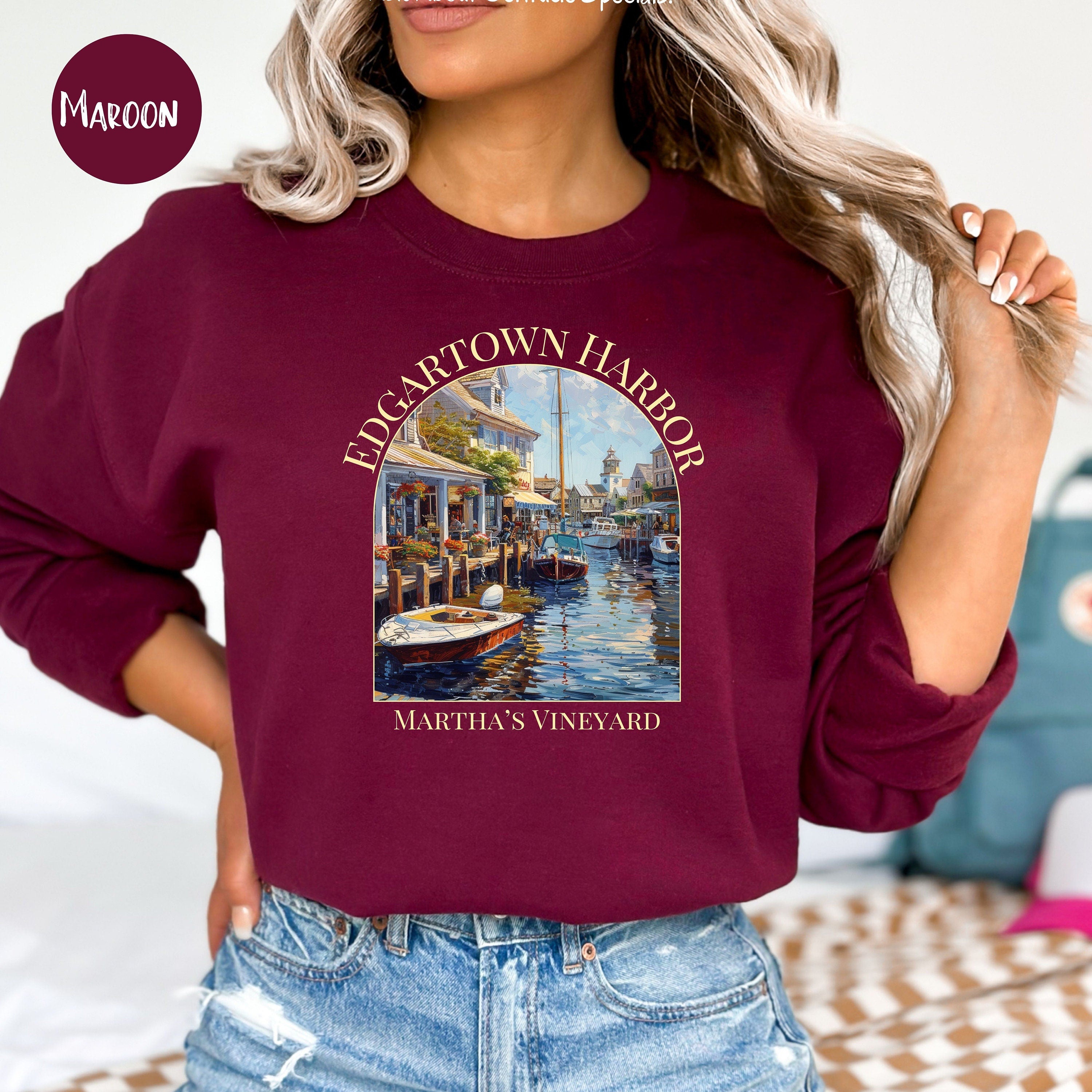 Martha's Vineyard Edgartown Harbor Gildan Unisex Sweatshirt, Martha's Vineyard Vacation Gift, Edgartown Harbor Boats Watercolor Sweatshirt