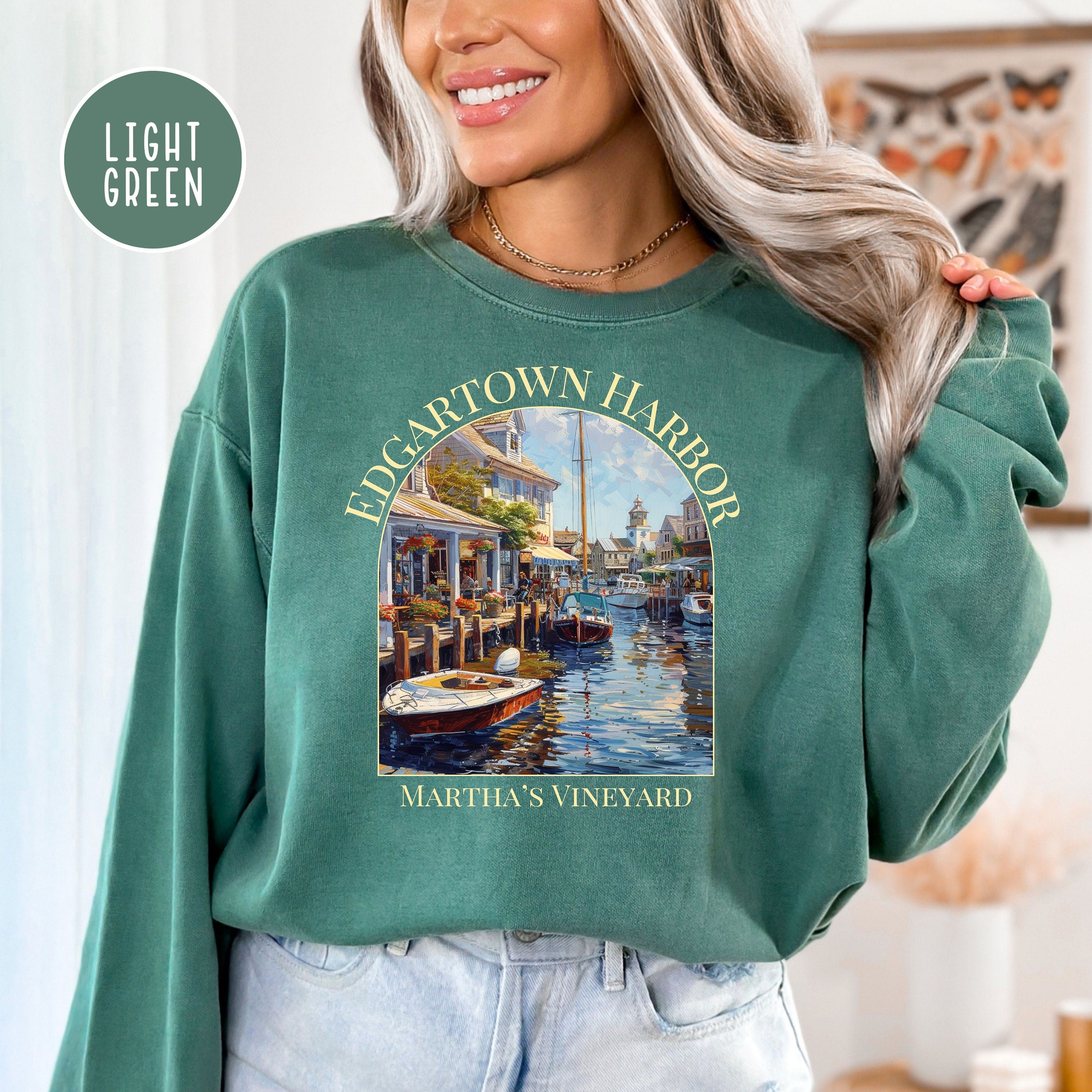Martha's Vineyard Edgartown Harbor Comfort Colors® Sweatshirt, Martha's Vineyard Vacation Gift, Edgartown Harbor Boats Watercolor Sweatshirt
