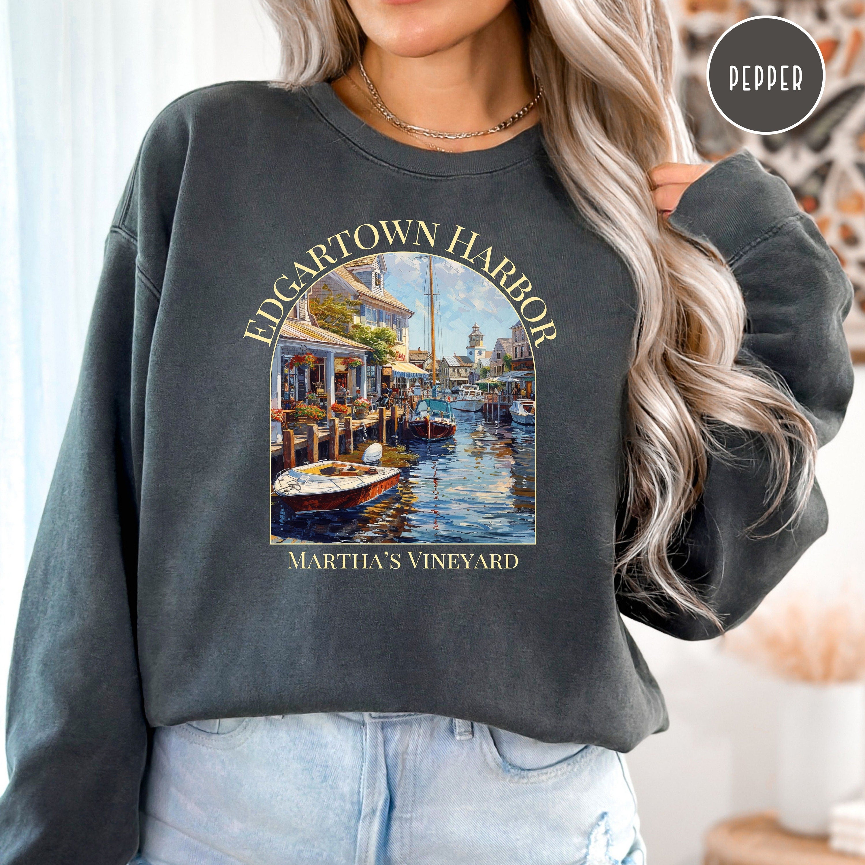 Martha's Vineyard Edgartown Harbor Comfort Colors® Sweatshirt, Martha's Vineyard Vacation Gift, Edgartown Harbor Boats Watercolor Sweatshirt