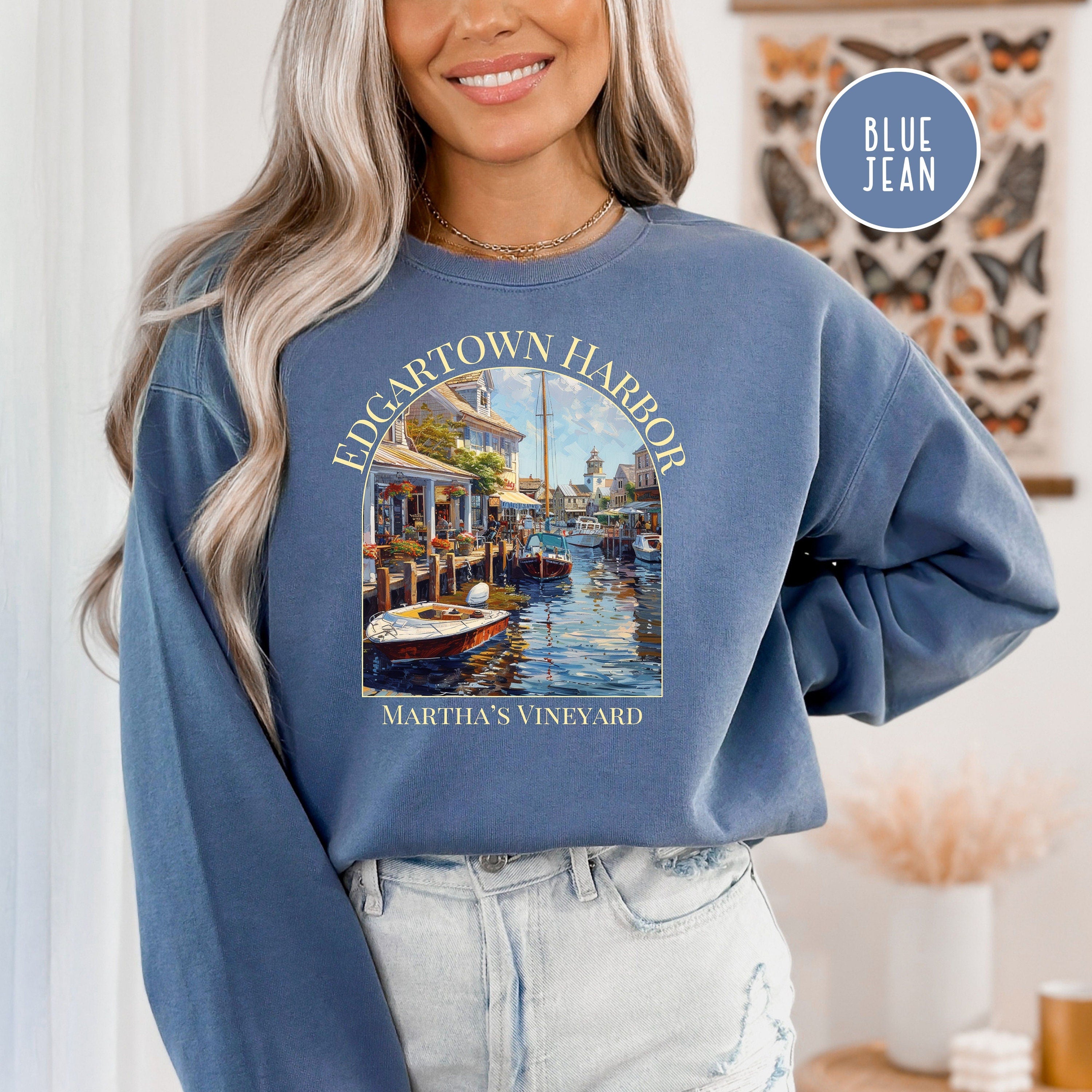 Martha's Vineyard Edgartown Harbor Comfort Colors® Sweatshirt, Martha's Vineyard Vacation Gift, Edgartown Harbor Boats Watercolor Sweatshirt