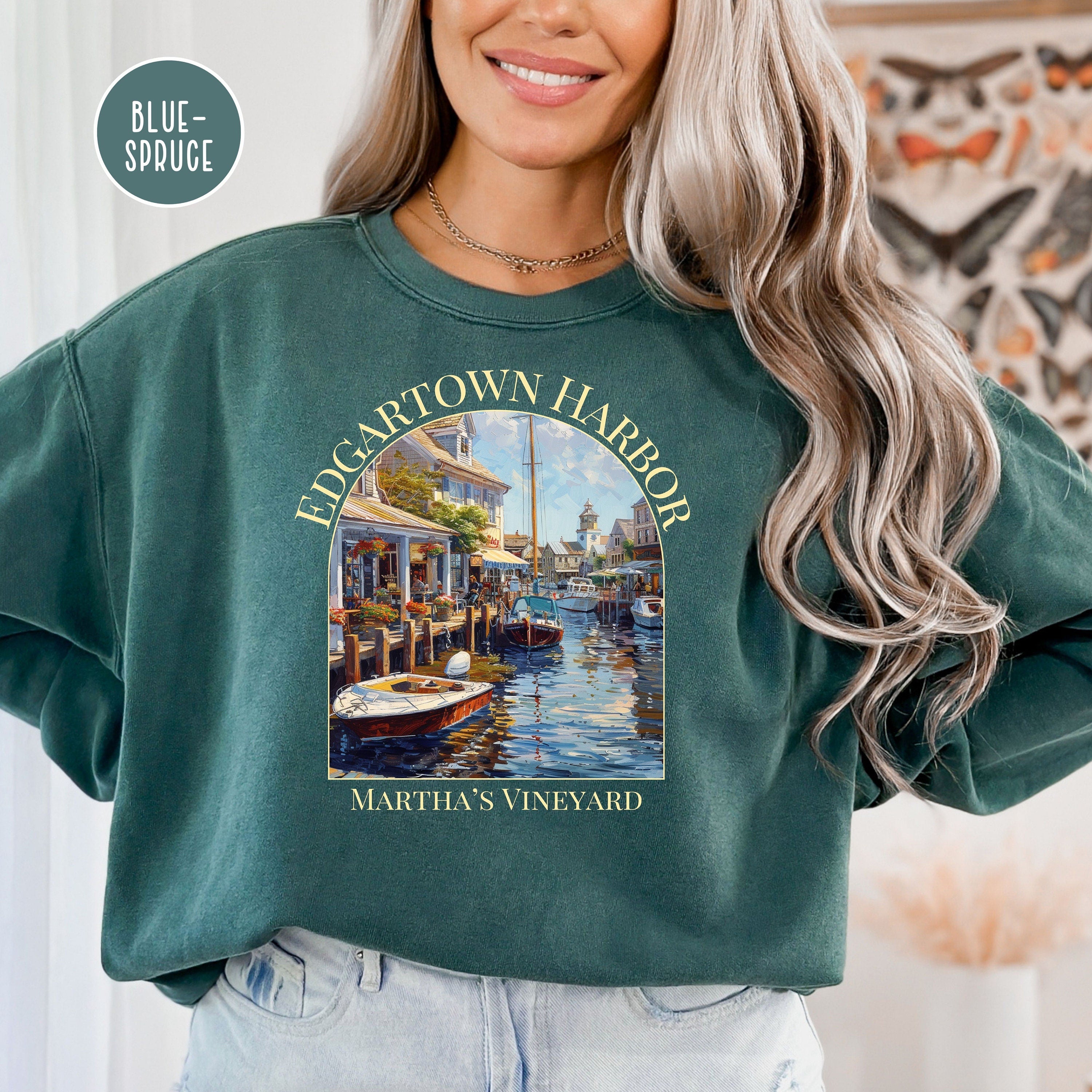 Martha's Vineyard Edgartown Harbor Comfort Colors® Sweatshirt, Martha's Vineyard Vacation Gift, Edgartown Harbor Boats Watercolor Sweatshirt