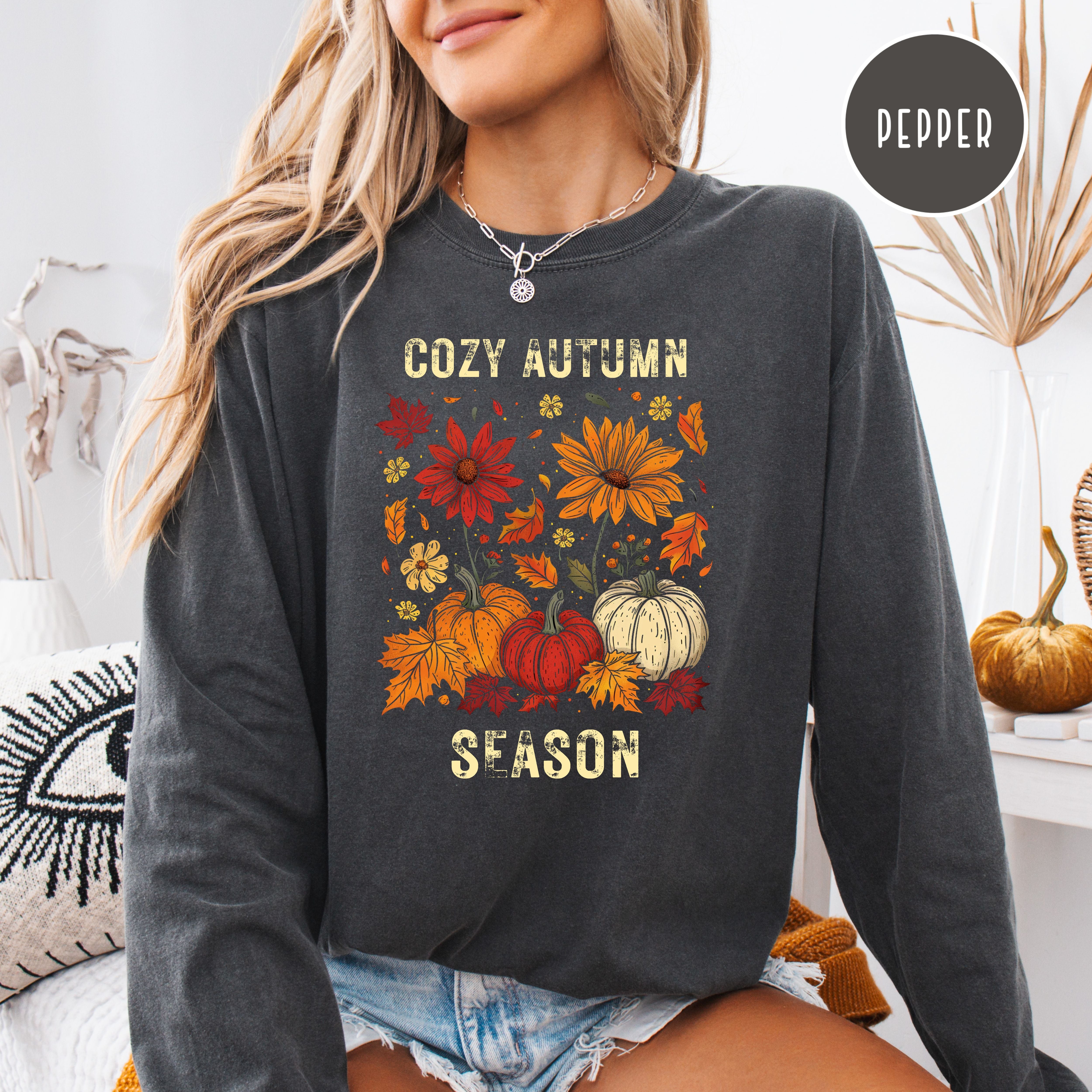 Cozy Autumn Season Long Sleeve Unisex Comfort Colors Halloween Season Gift Shirt, Thanksgiving Tee Shirt