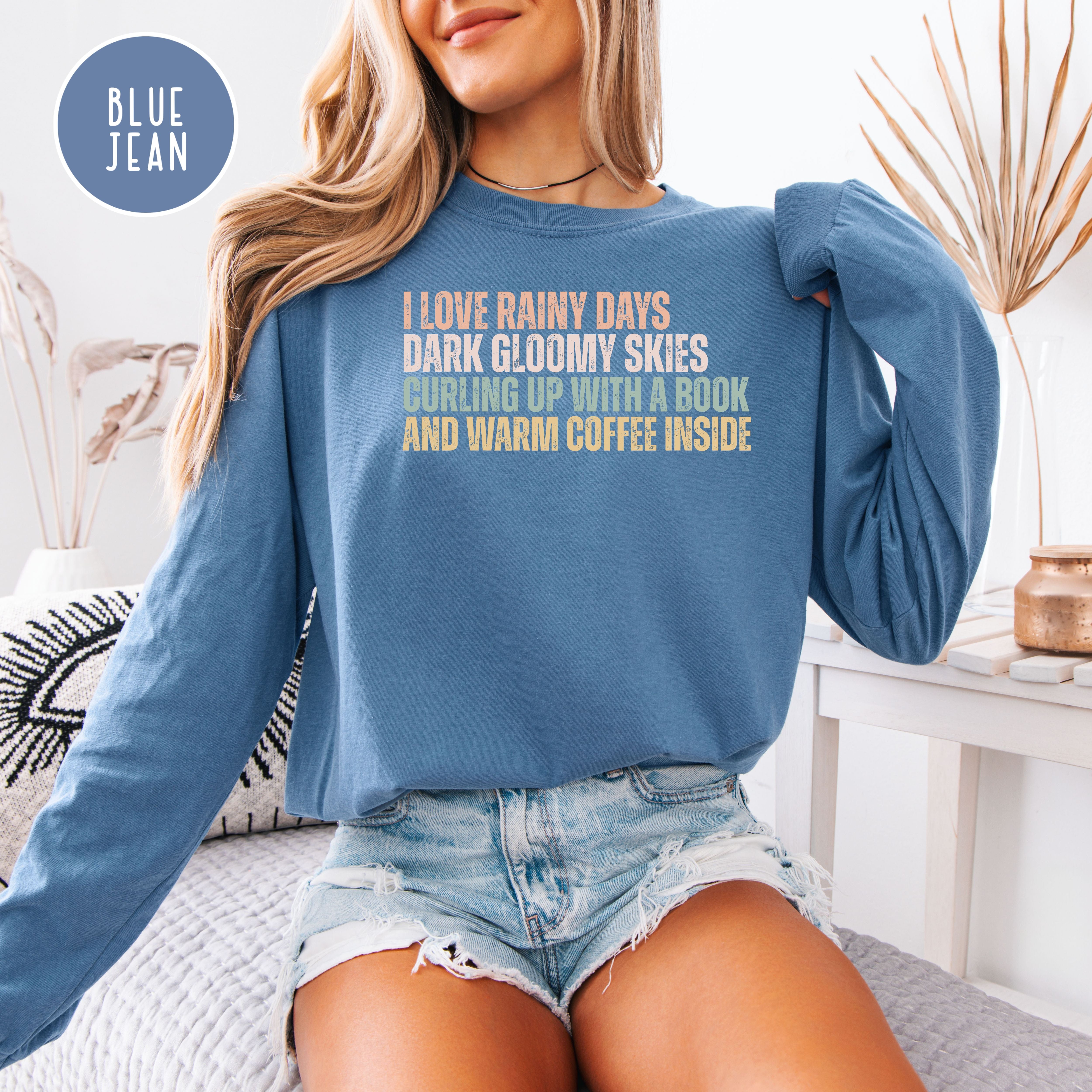 Cozy Rainy Days Unisex Long Sleeve Comfort Colors T-Shirt, Book Lover Gift, Coffee Lover Gift Shirt, Rainy Days Cozy Shirt