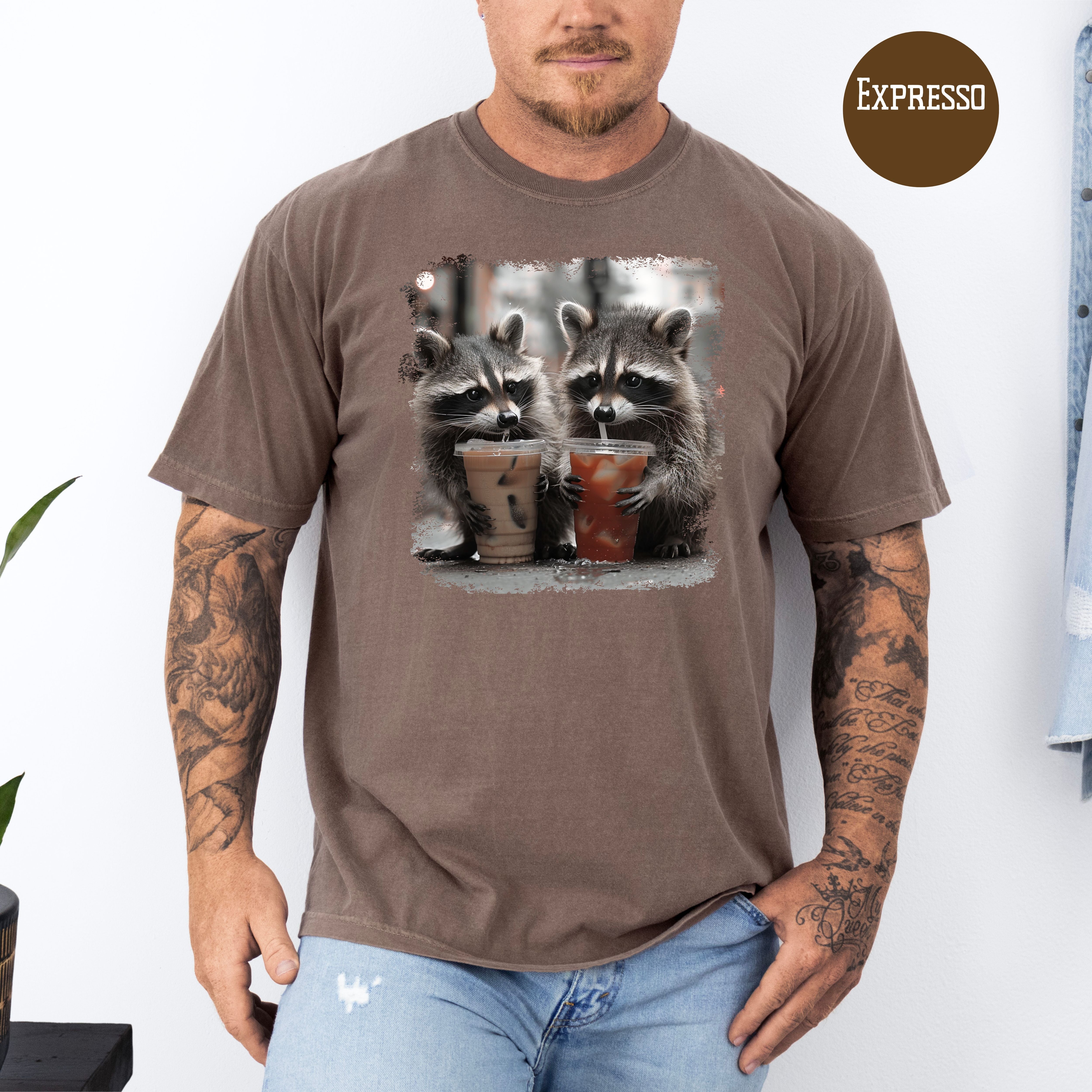 Cute Raccoons Drinking Iced Coffee and Iced Tea Comfort Colors Raccoon Lover T-Shirt, Funny Animal Meme Shirt, Coffee Lover Shirt