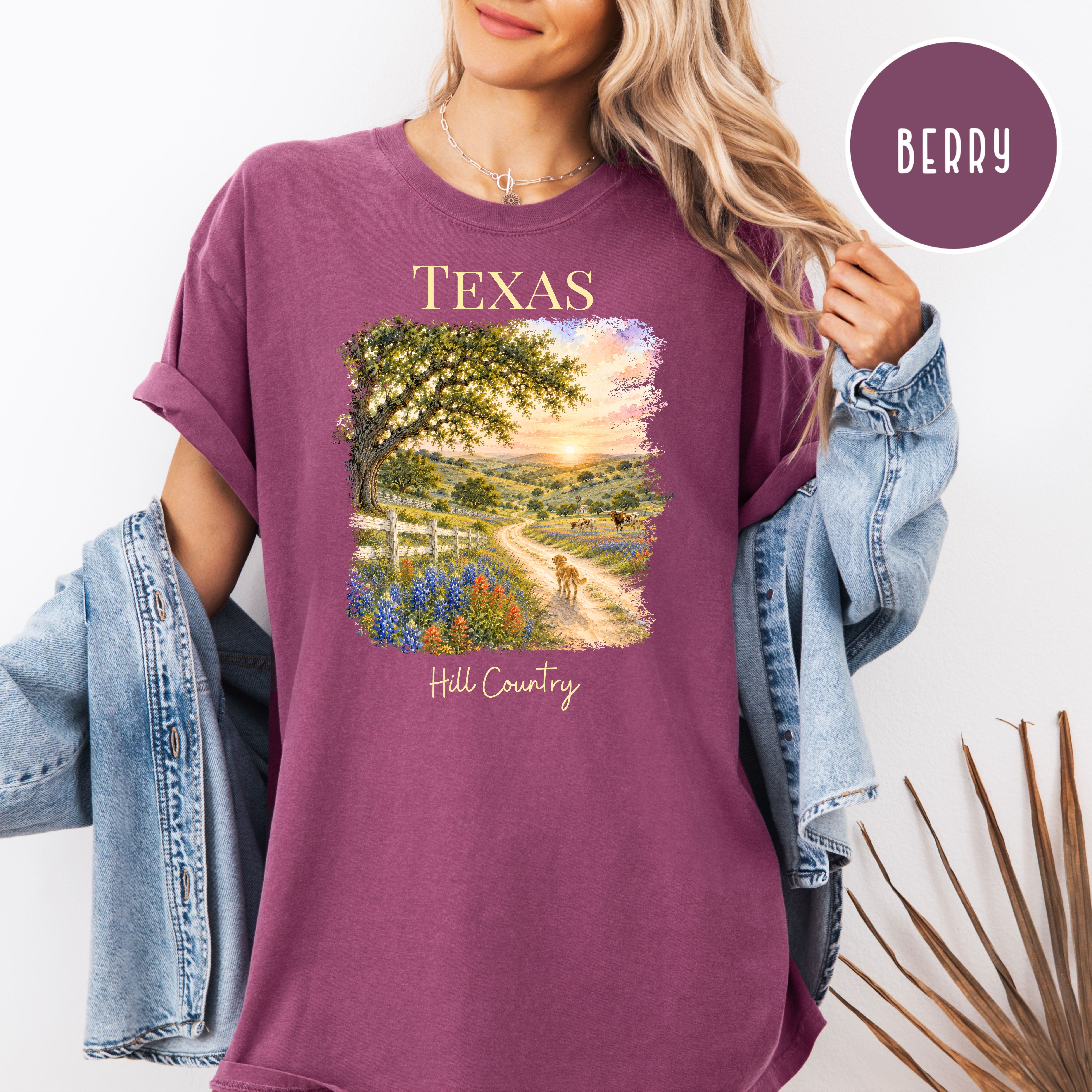 Texas Hill Country Comfort Colors T-Shirt, Texas Vacation Gift Shirt, Texas Travel Shirt, Texas Gift Shirt, Texas Blue Bonnets, Traveler Tee