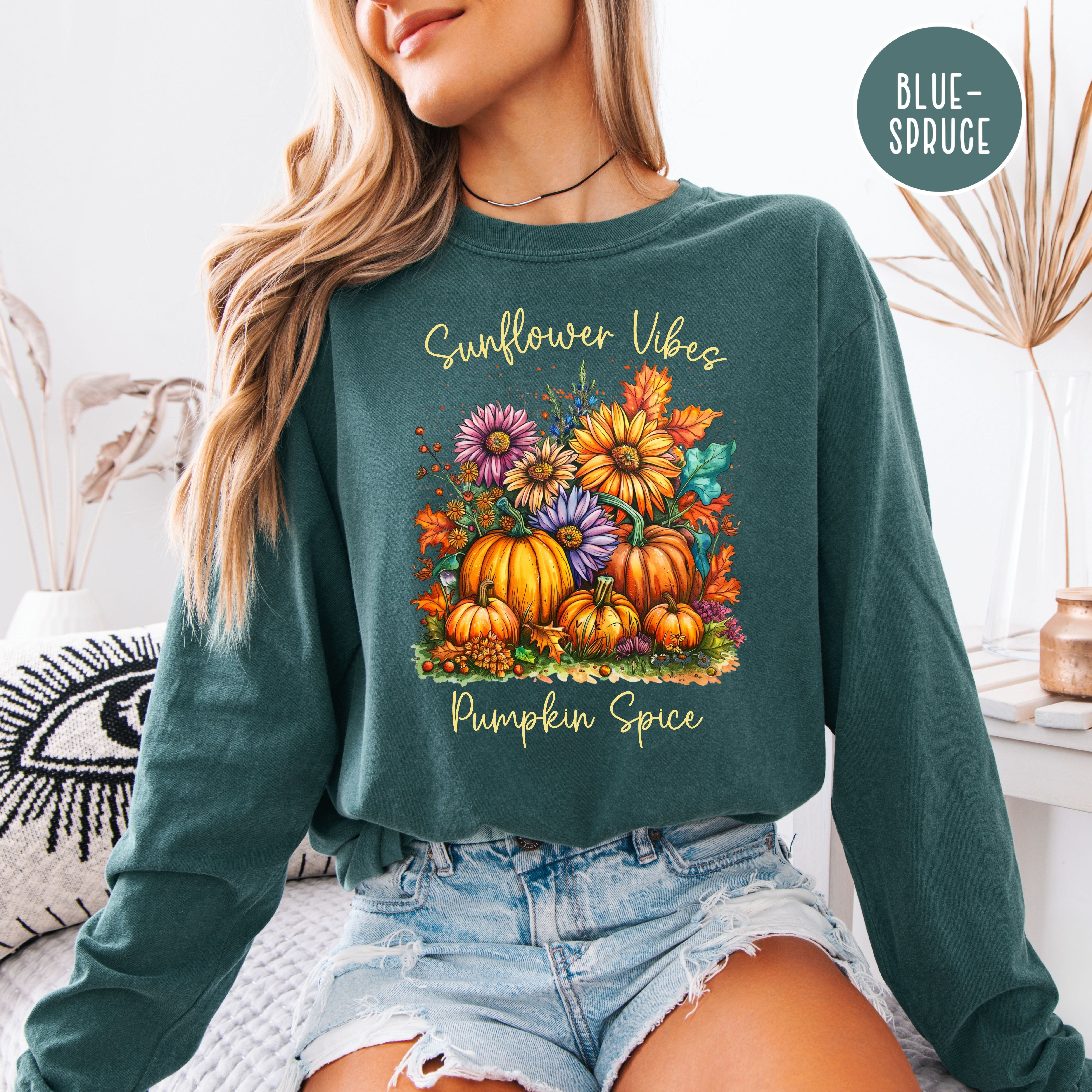 Sunflower Vibes Pumpkin Spice Comfort Colors Unsex Long Sleeve Tee Shirt