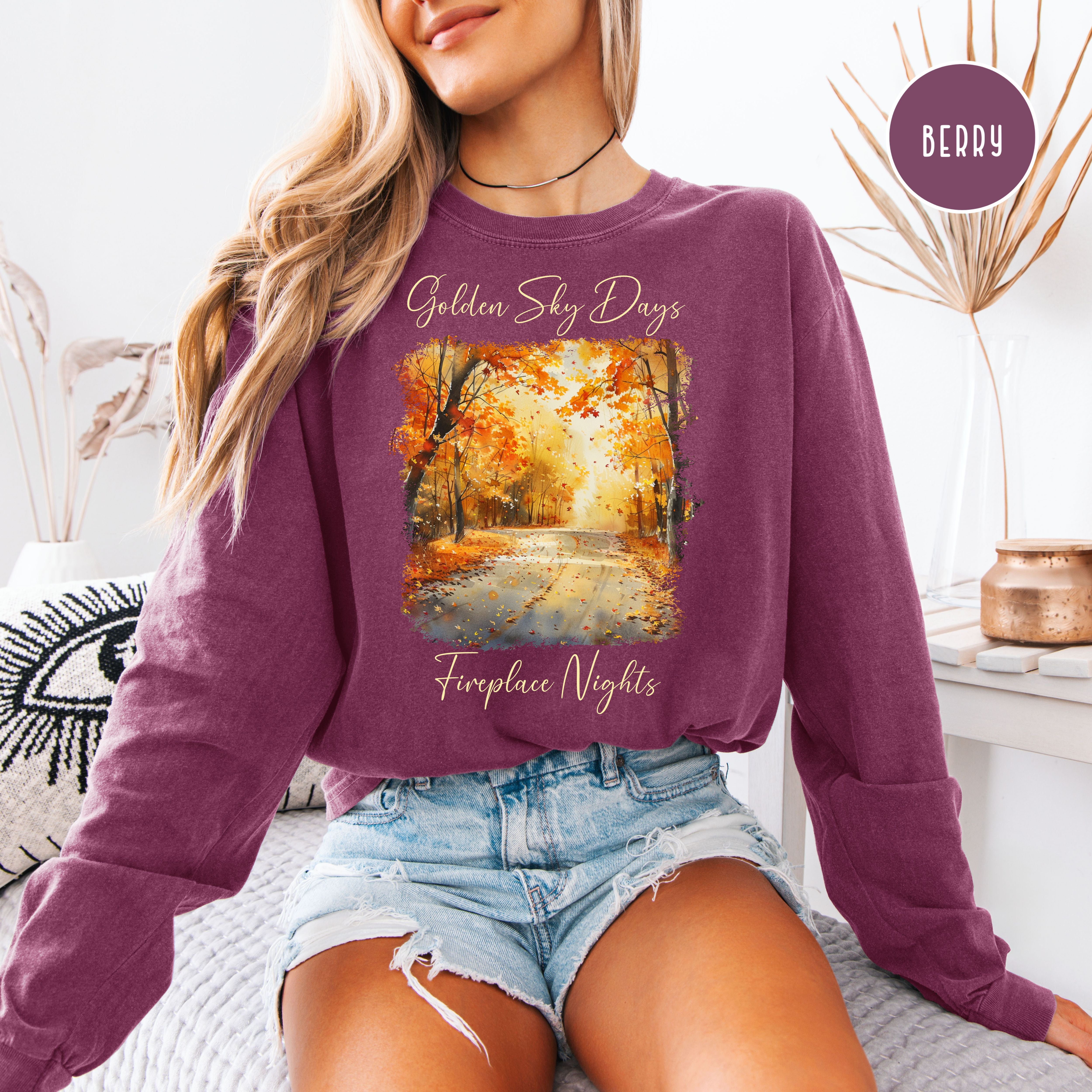 Golden Sky Days and Fireplace Nights Autumn Season Long Sleeve Comfort Colors Fall Colors Tee Shirt