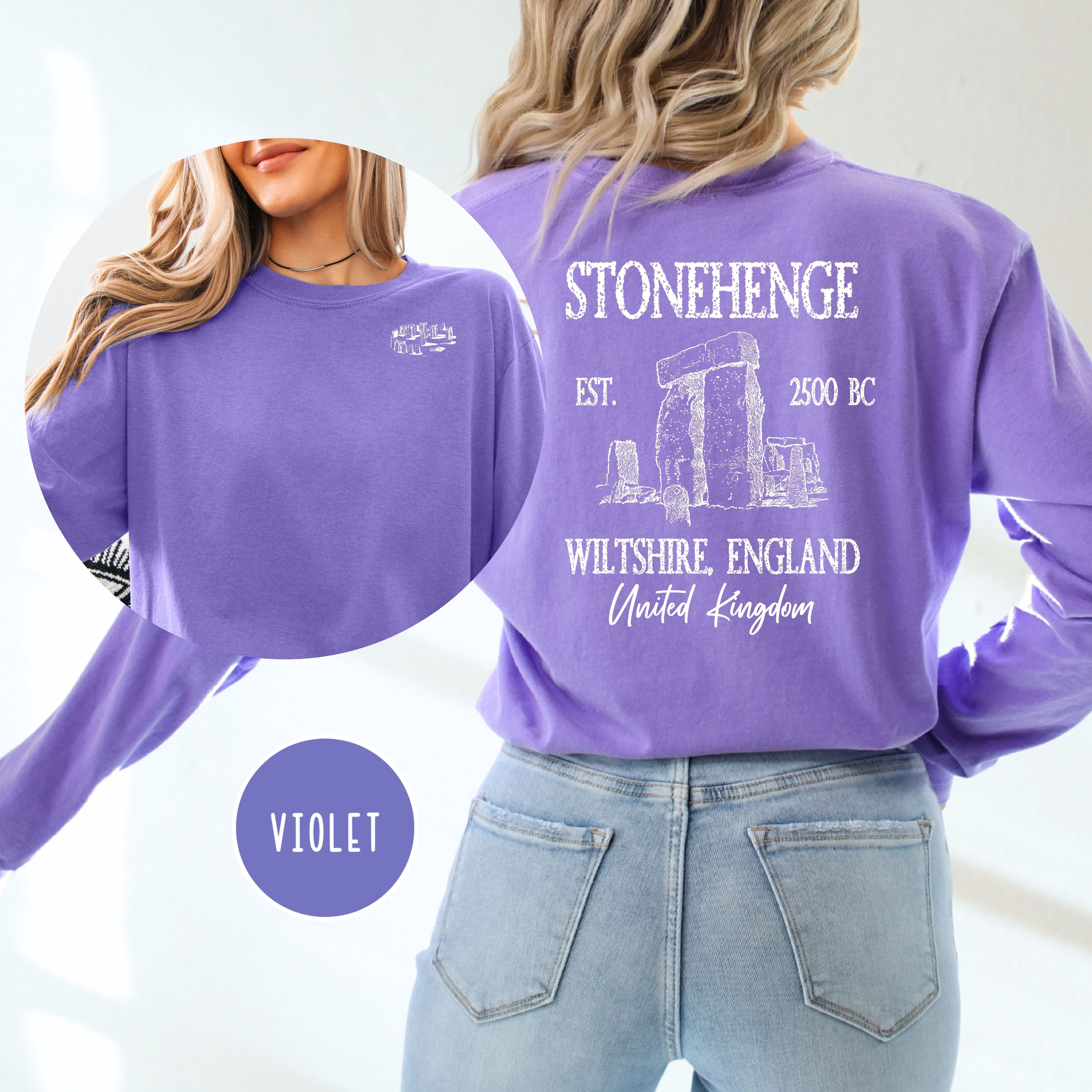 Stonehenge England Grunge Comfort Colors Long Sleeve Tee Design Front & Back
