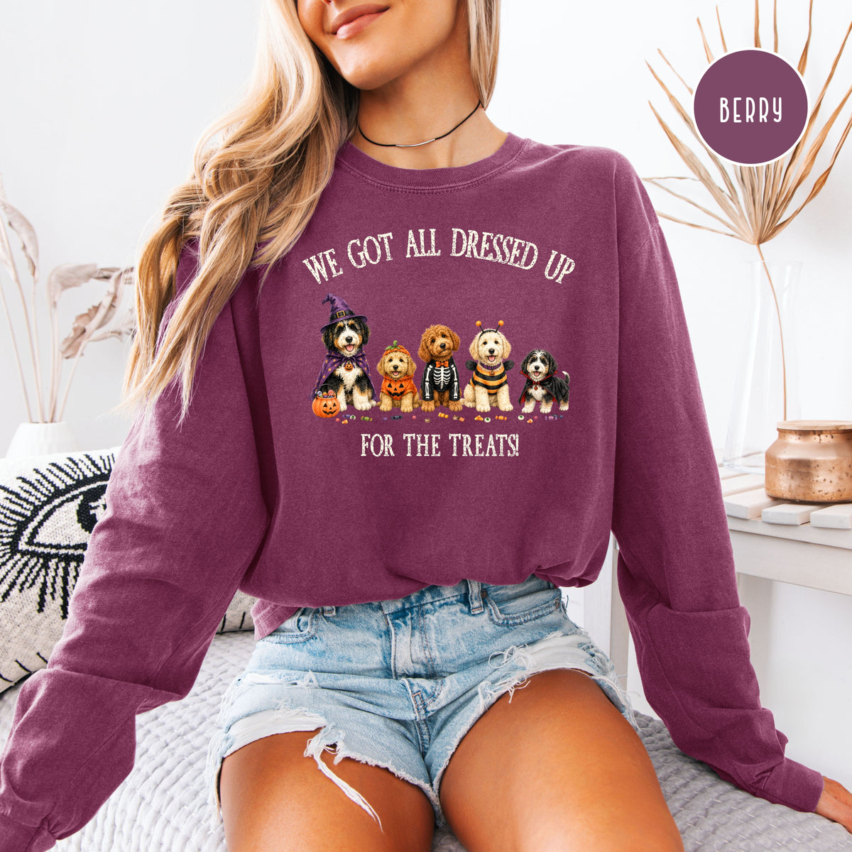 Halloween & Doodles Funny Dog Lover Long Sleeve Comfort Colors T-Shirt, Doodle Lover Halloween Gift, Doodle Dogs in Halloween Costumes Tee