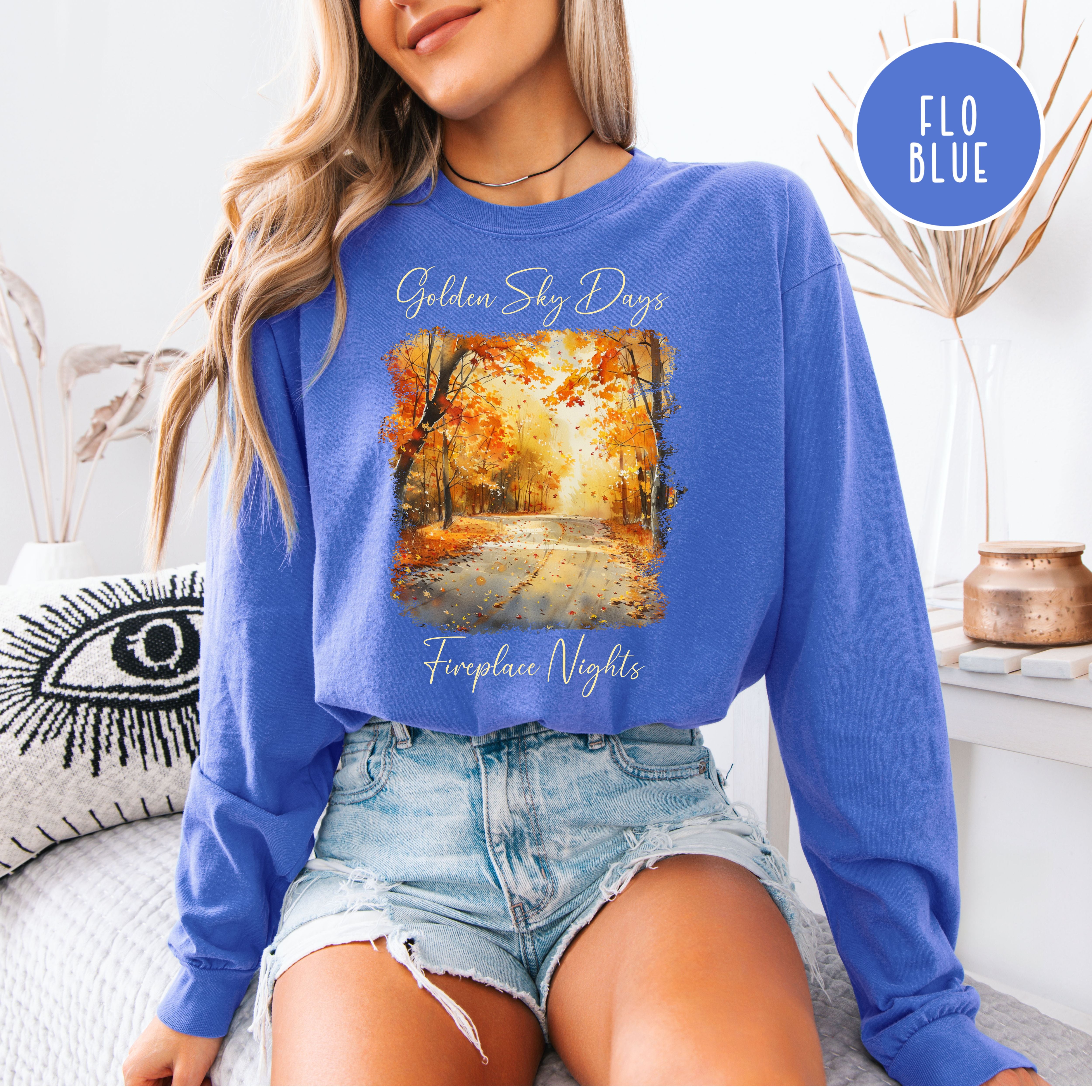 Golden Sky Days and Fireplace Nights Autumn Season Long Sleeve Comfort Colors Fall Colors Tee Shirt