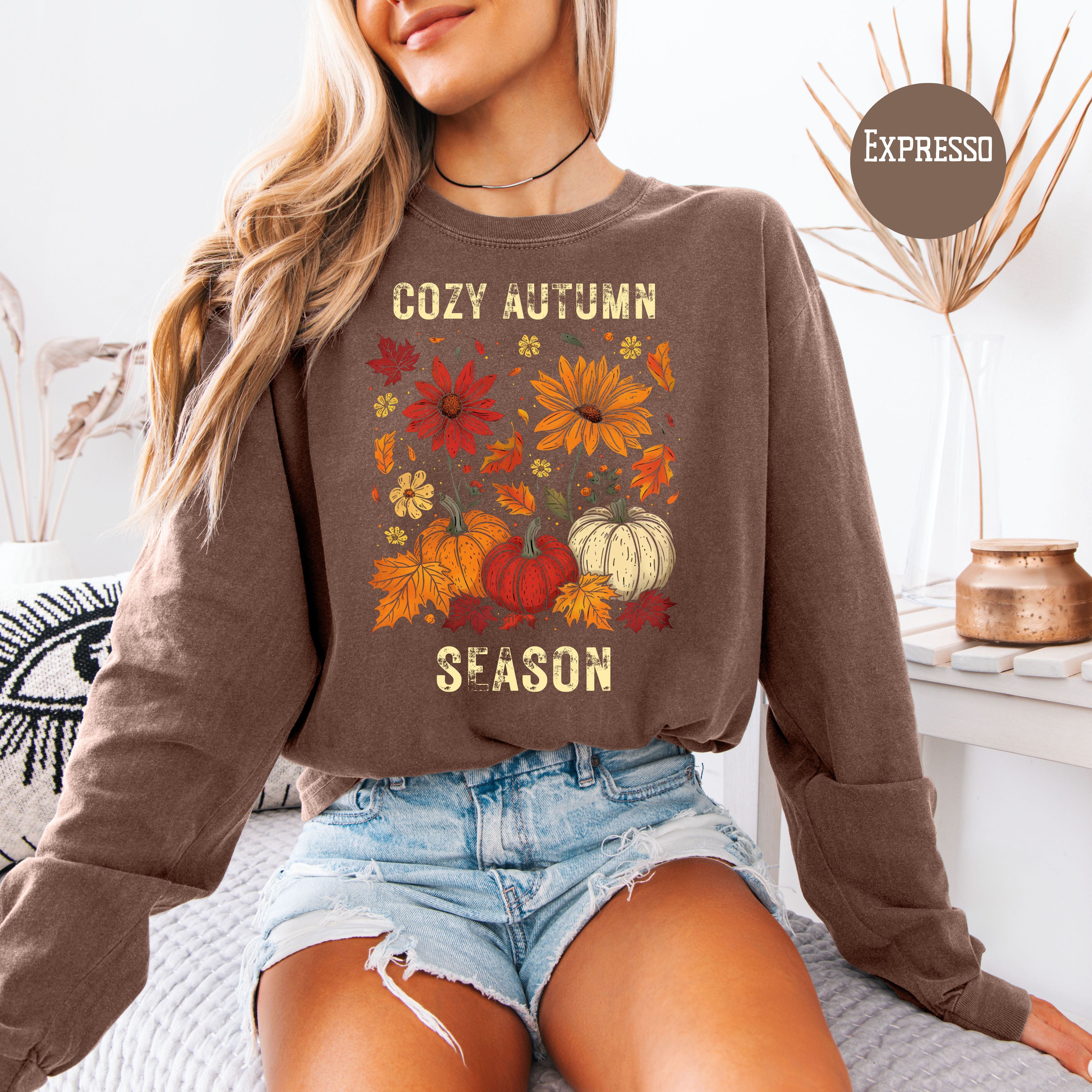 Cozy Autumn Season Long Sleeve Unisex Comfort Colors Halloween Season Gift Shirt, Thanksgiving Tee Shirt