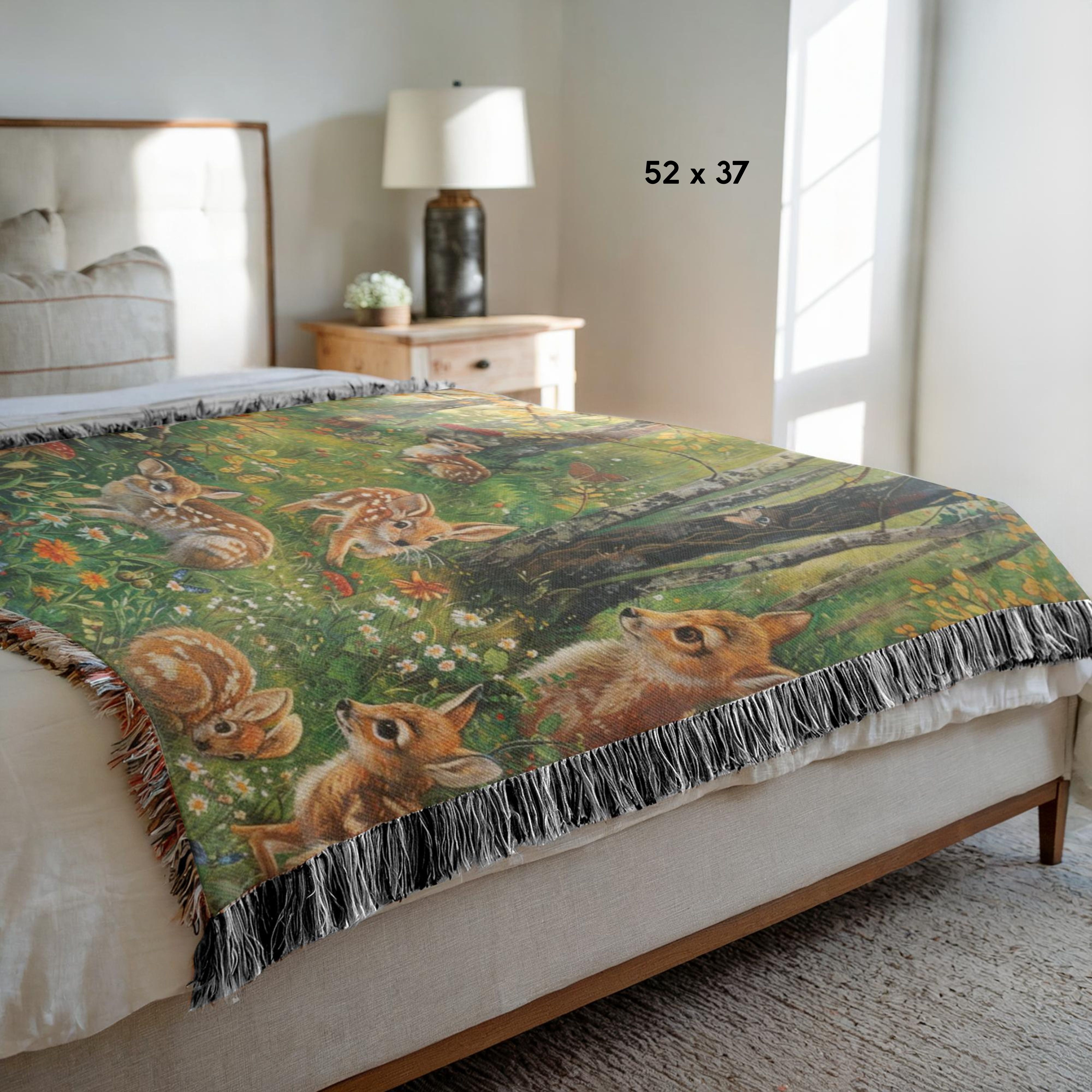 Fawns Playing in the Woods Woven Throw Blanket