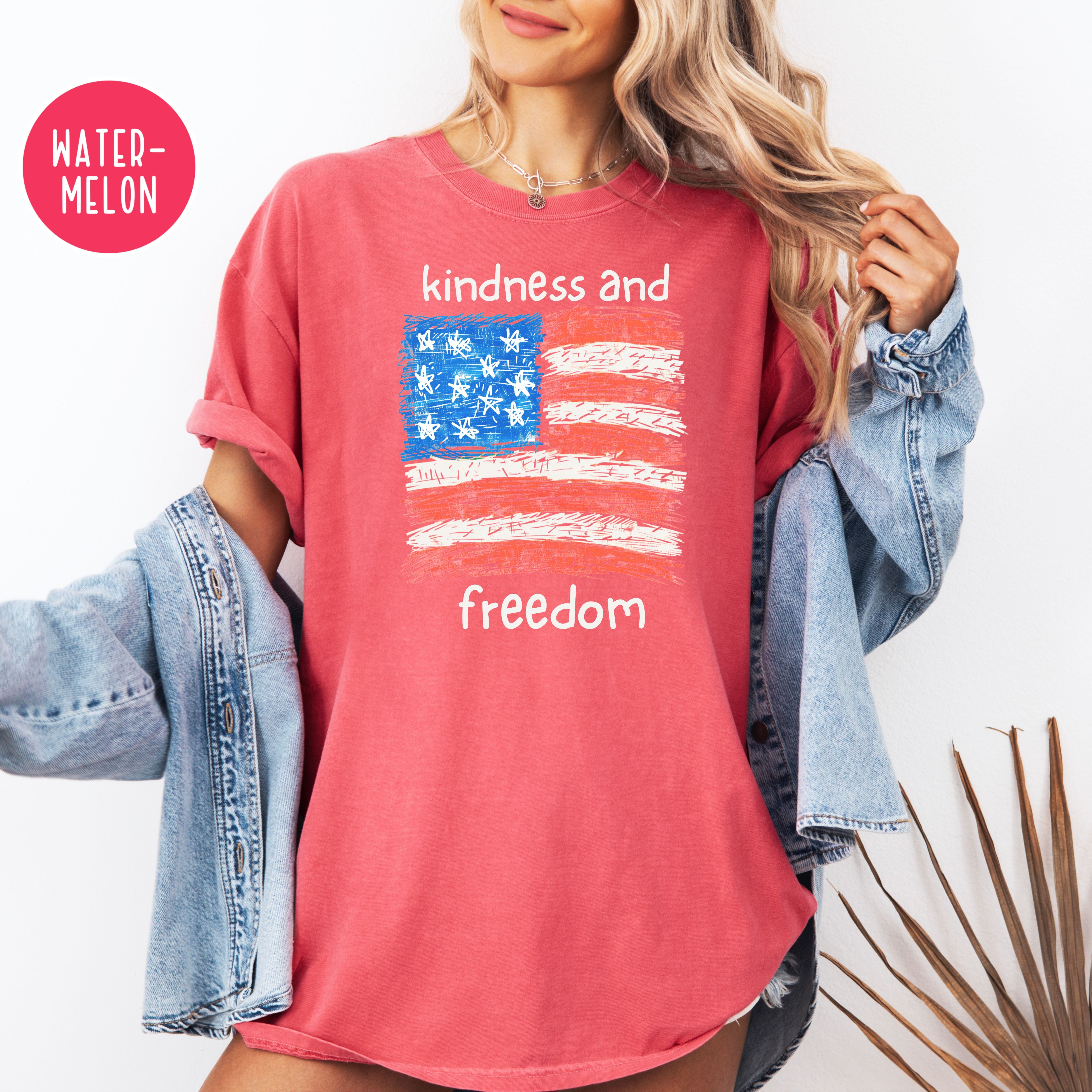 Freedom and Kindness 4th of July Shirt, USA Flag Drawing Comfort Colors T-Shirt, Fun Patriotic Shirt, Kindness Shirt, Be Kind Gift Shirt