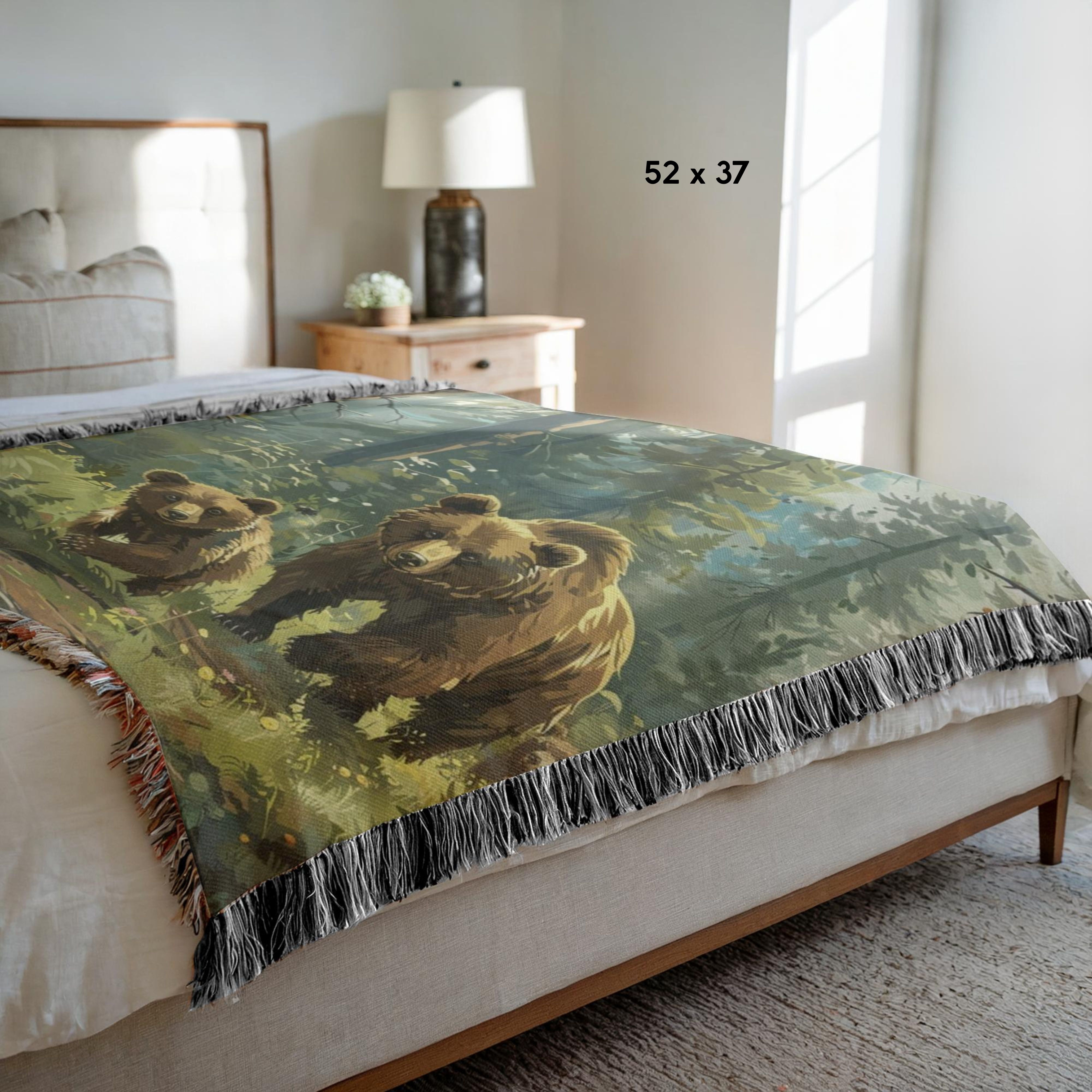 Mama Bear With Cubs In The Forest Woven Throw Blanket