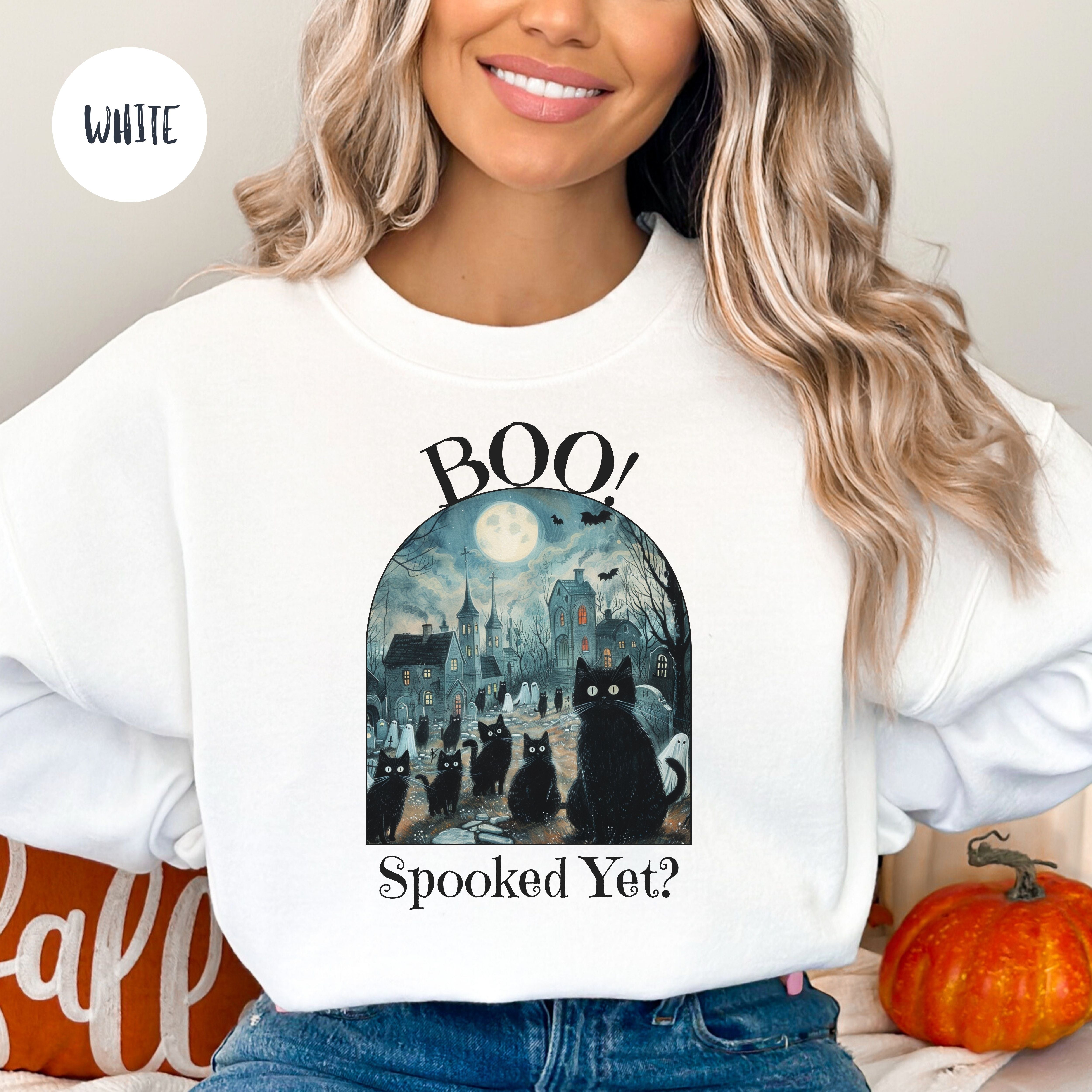 Black Cats and Ghosts in Graveyard Halloween Sweatshirt