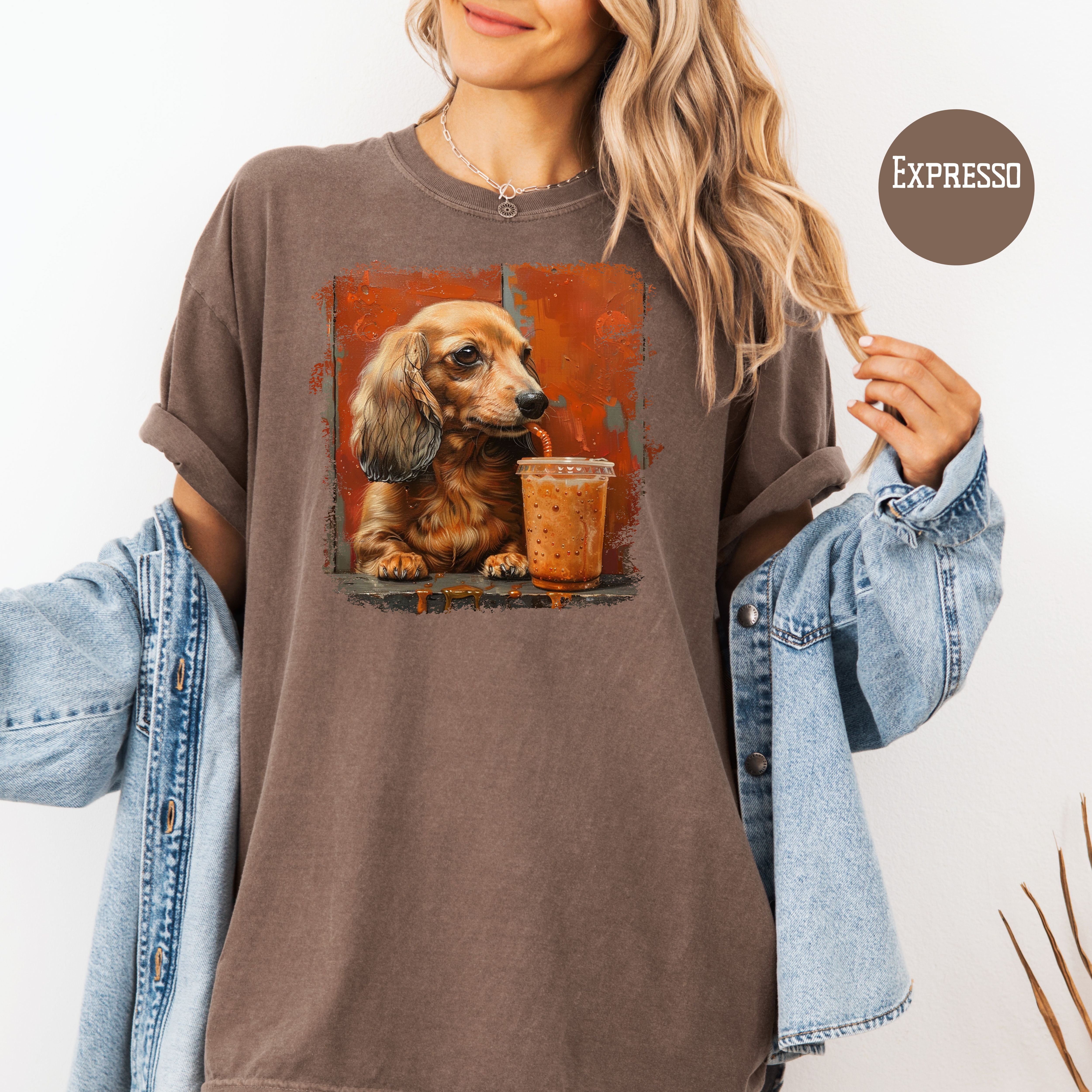 Dachshund Lover Comfort Colors T-Shirt, Doxie Mama Shirt, Dachshund Drinking Coffee, Dog Lover Art, Wiener Dog Shirt, Sausage Dog Gift