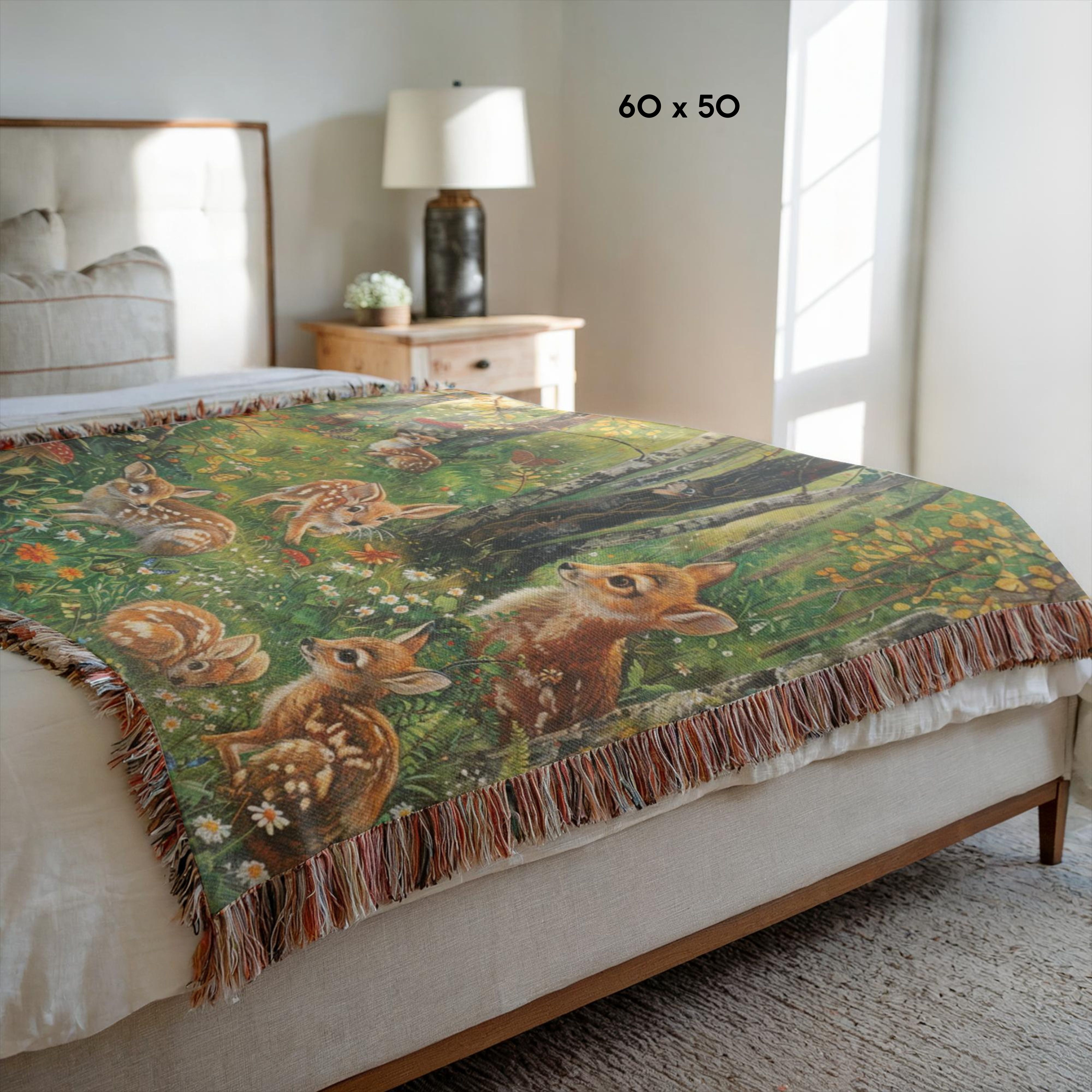 Fawns Playing in the Woods Woven Throw Blanket