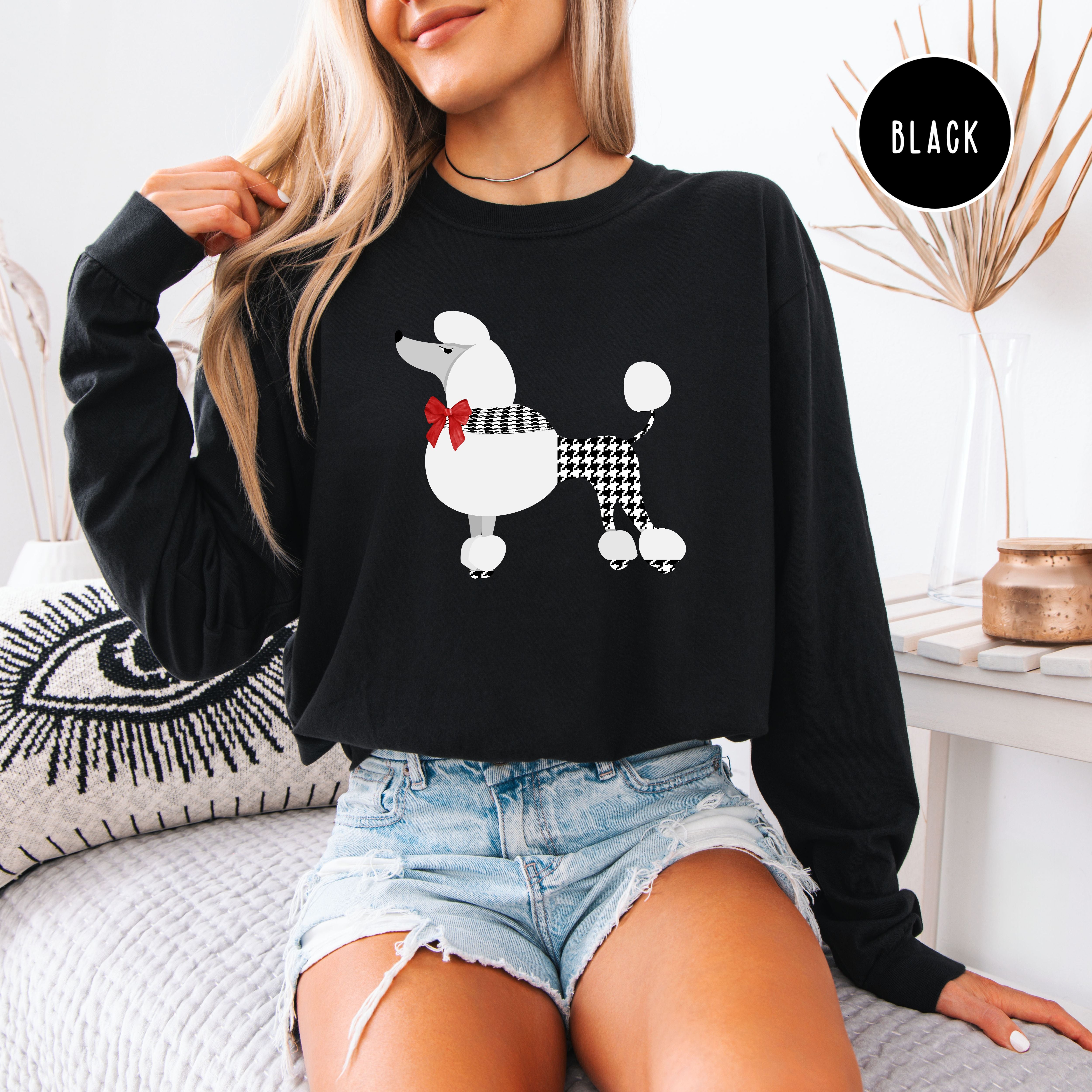 French Poodle Dressed in Houndstooth w Red Bow Long Sleeve Comfort Colors T-Shirt