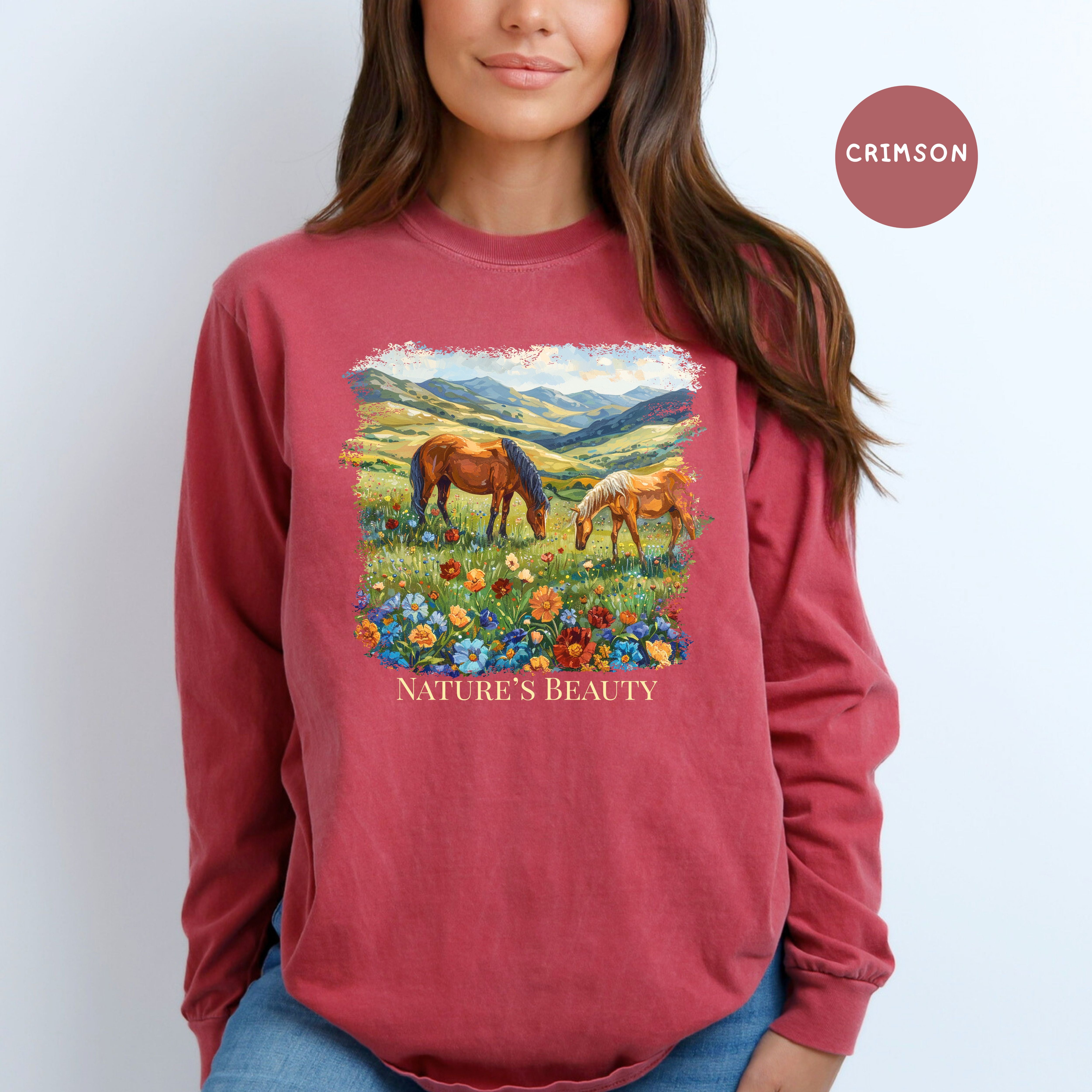 Beautiful Horses in a Field of Flowers Long Sleeve Comfort Colors Horse Lover Gift Tee