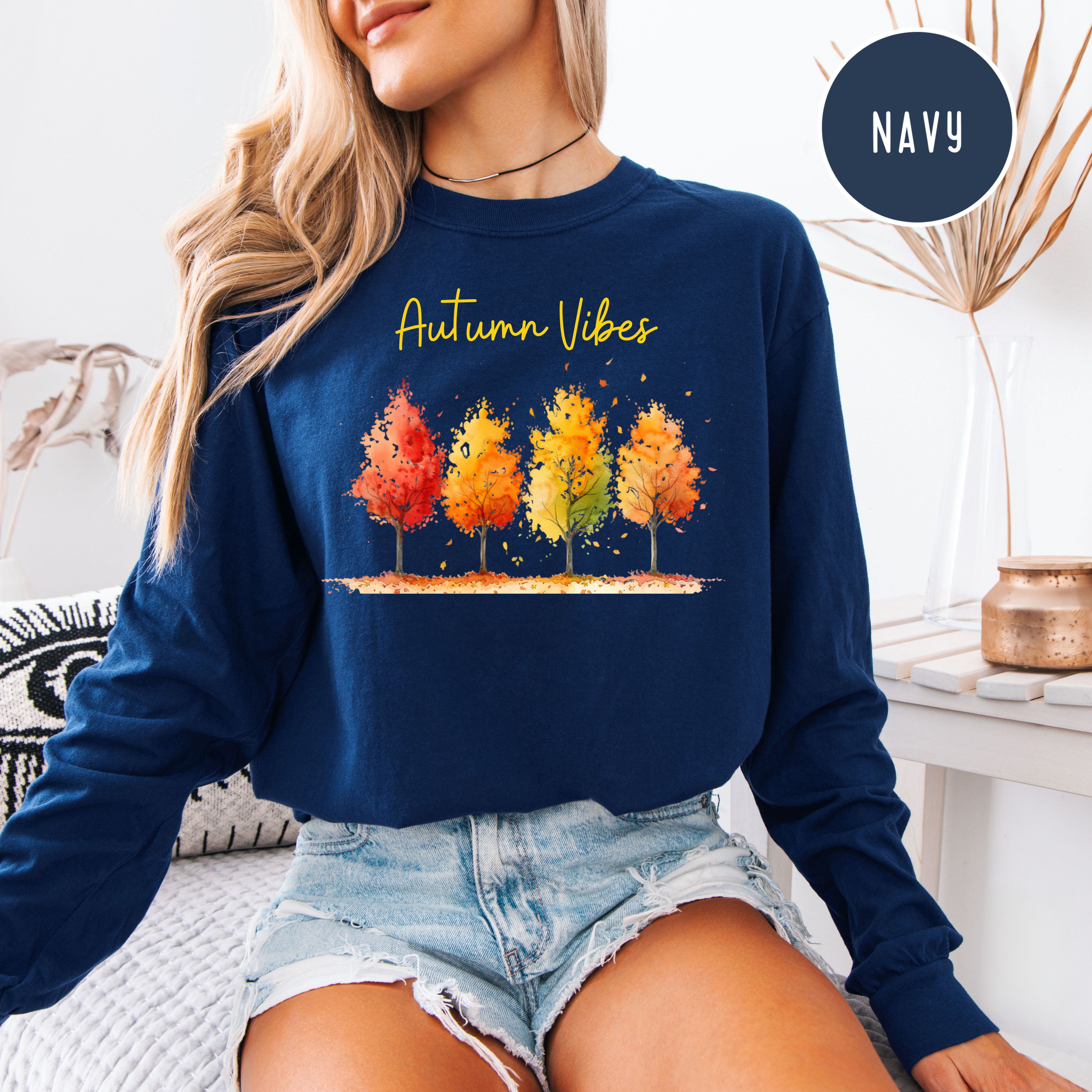 Autumn Vibes Colorful Fall Leaves Unisex Long Sleeve Comfort Colors Tee, Thanksgiving Season Gift