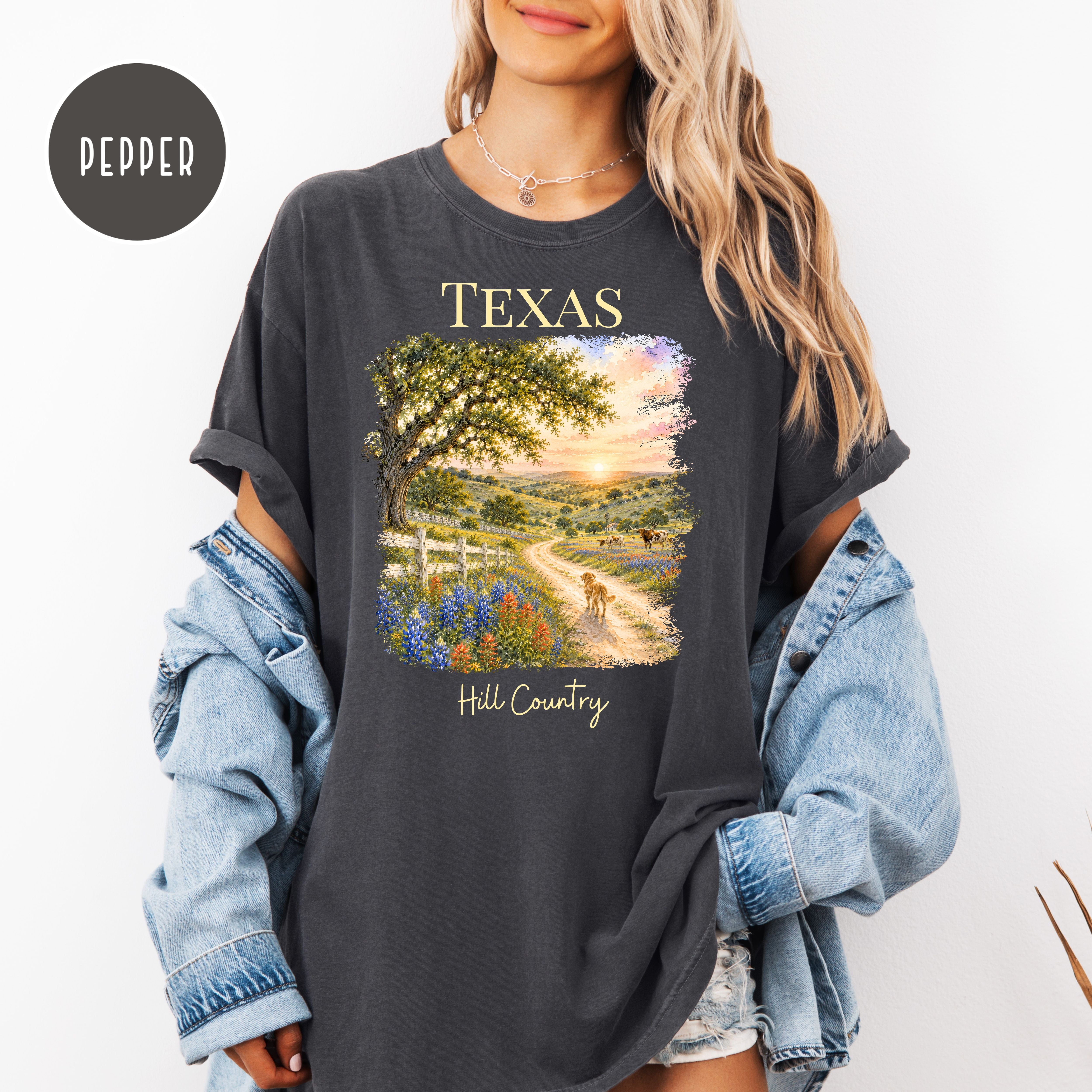 Texas Hill Country Comfort Colors T-Shirt, Texas Vacation Gift Shirt, Texas Travel Shirt, Texas Gift Shirt, Texas Blue Bonnets, Traveler Tee
