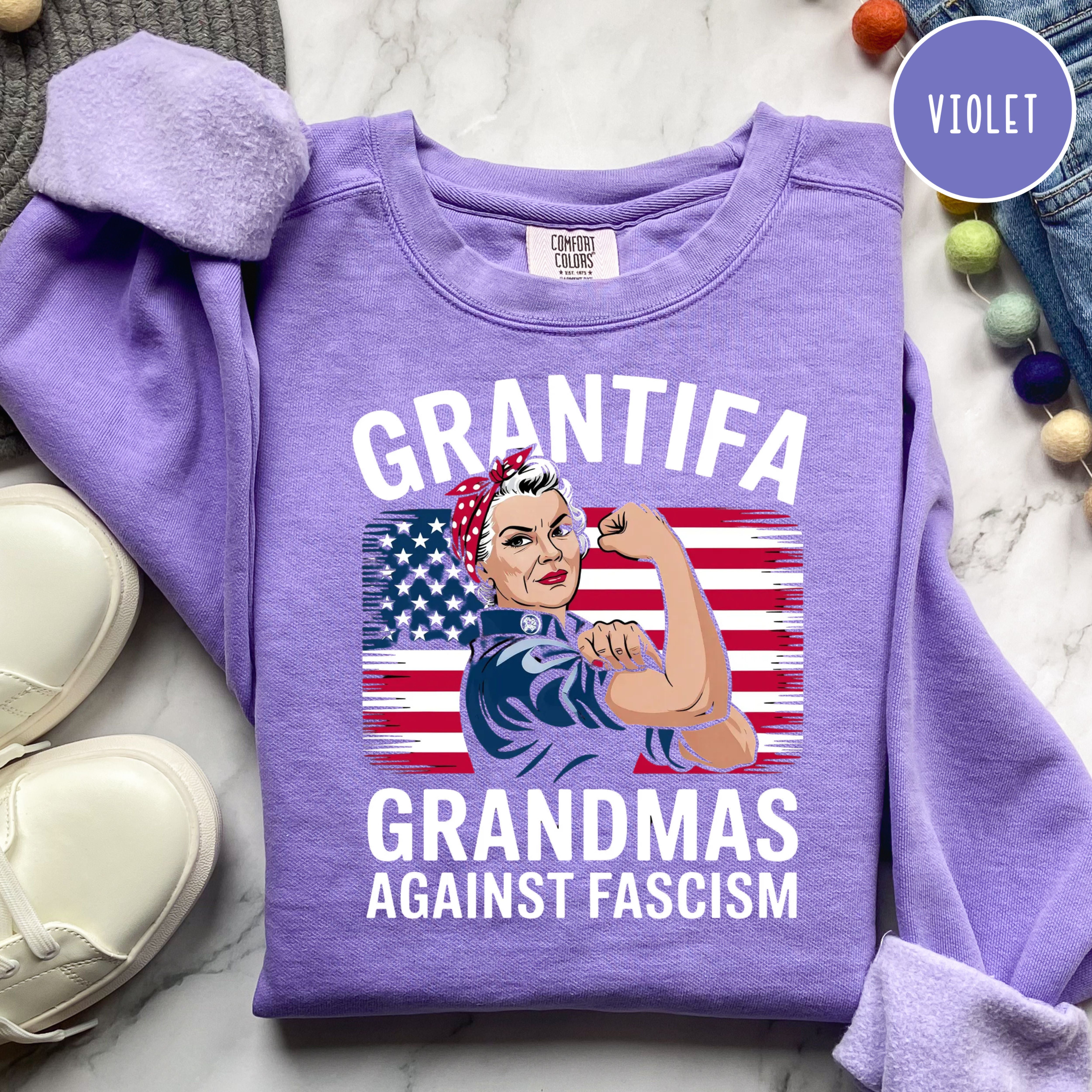 Grantifa Comfort Colors Sweatshirt, Rosie the Riveter Grandmas Against Fascism Sweatshirt