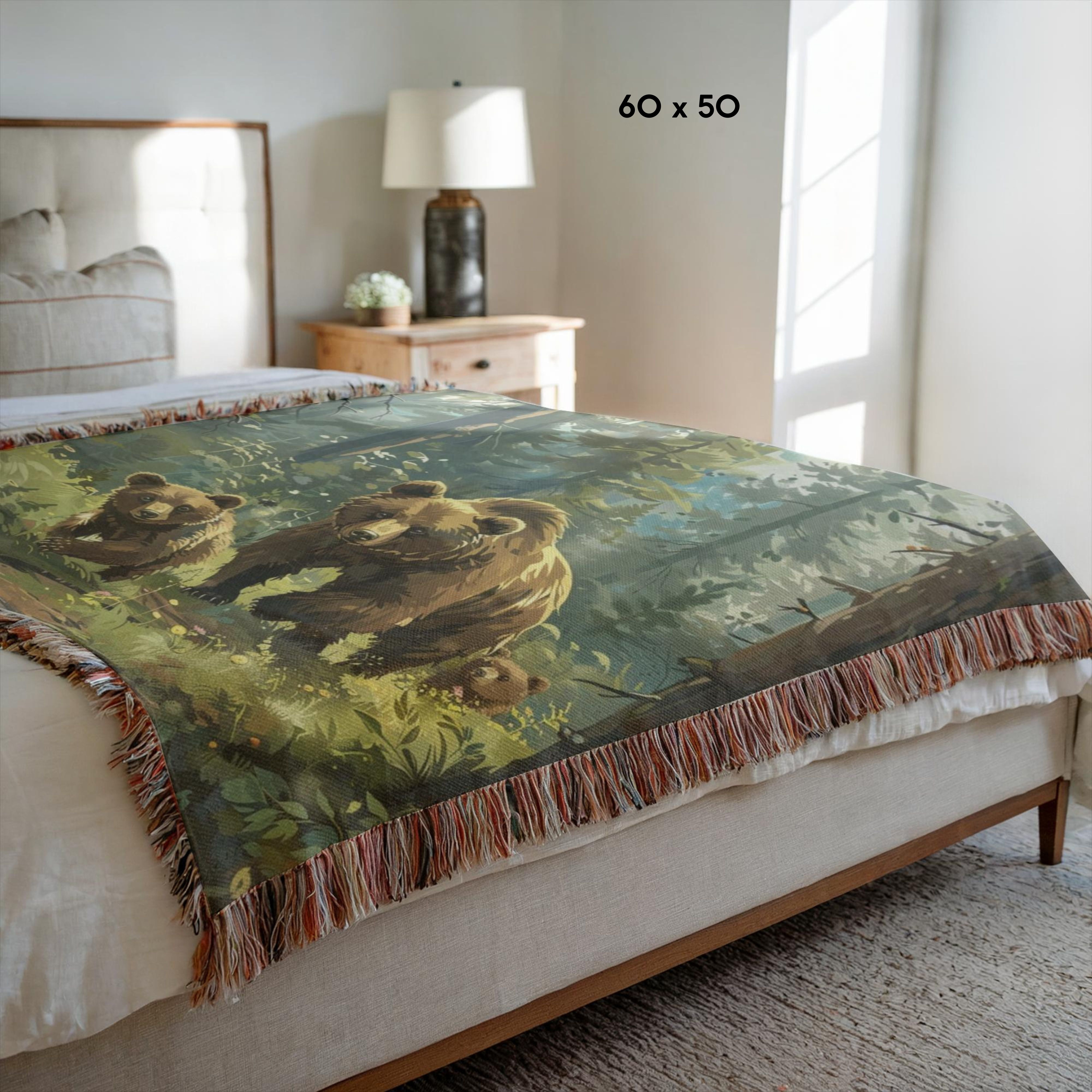 Mama Bear With Cubs In The Forest Woven Throw Blanket