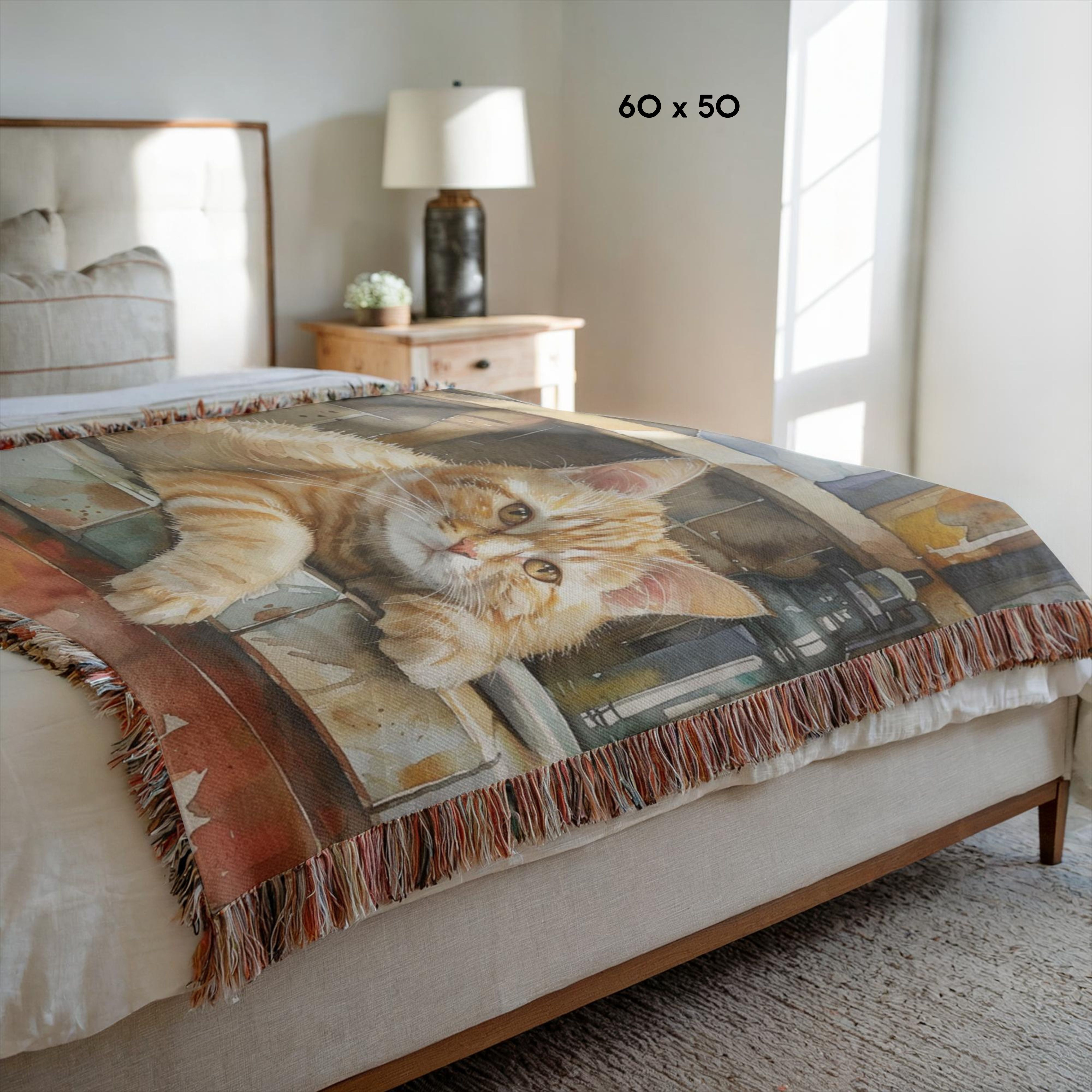 Cat Taking Catnap on Counter Woven Throw Blanket Gift for Cat Lover