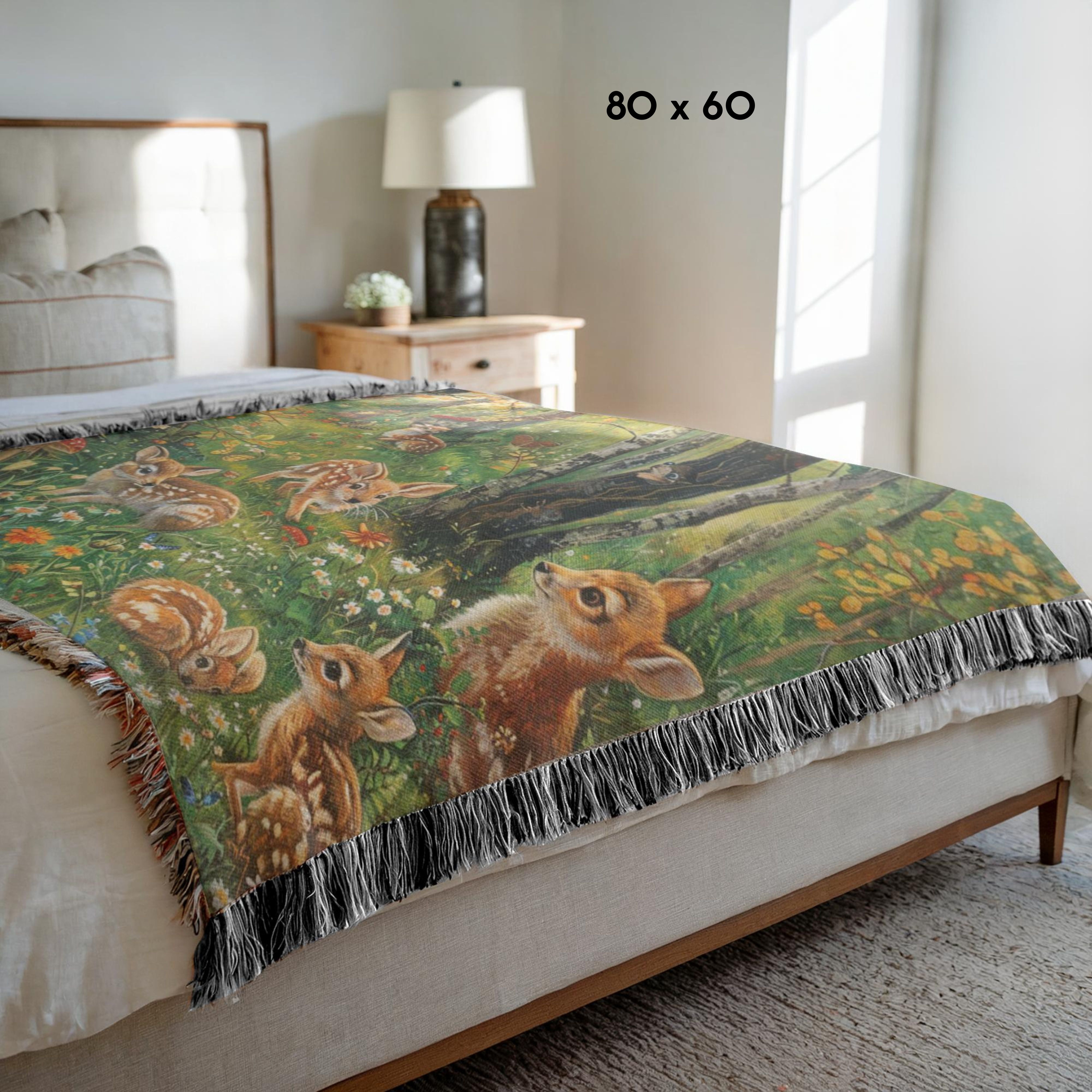 Fawns Playing in the Woods Woven Throw Blanket