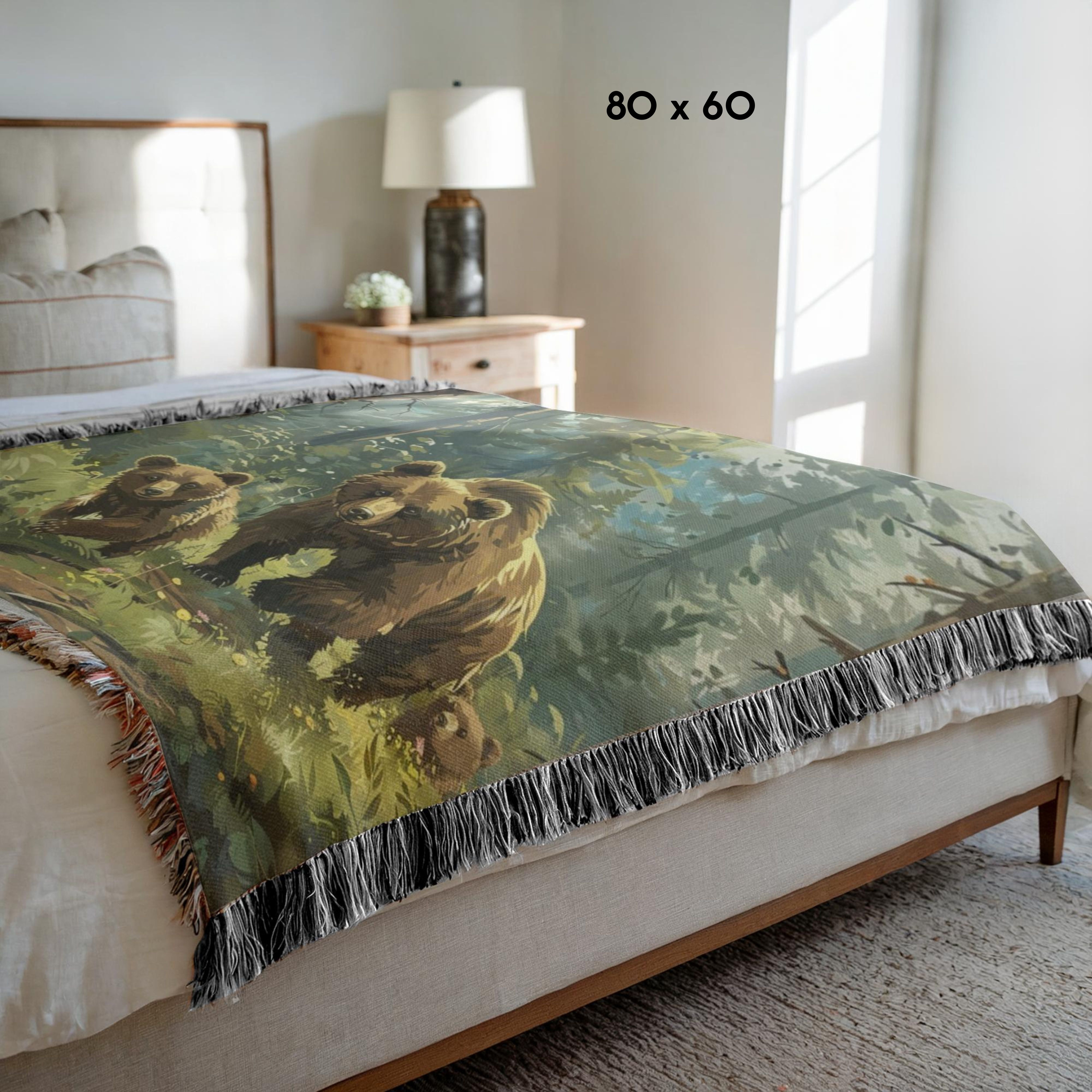 Mama Bear With Cubs In The Forest Woven Throw Blanket