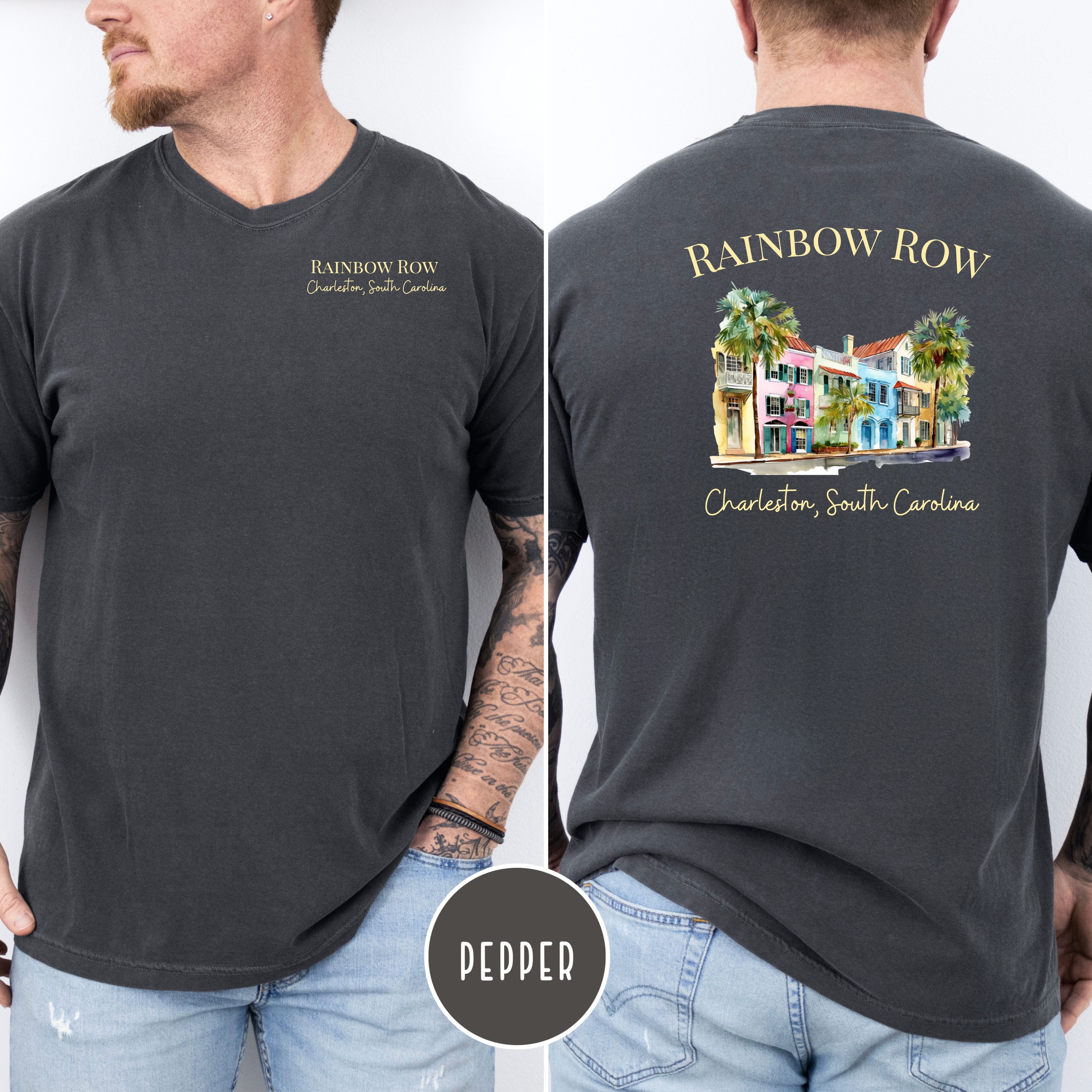 Rainbow Row Charleston South Carolina Comfort Colors Vacation Gift Tee Design Front and Back