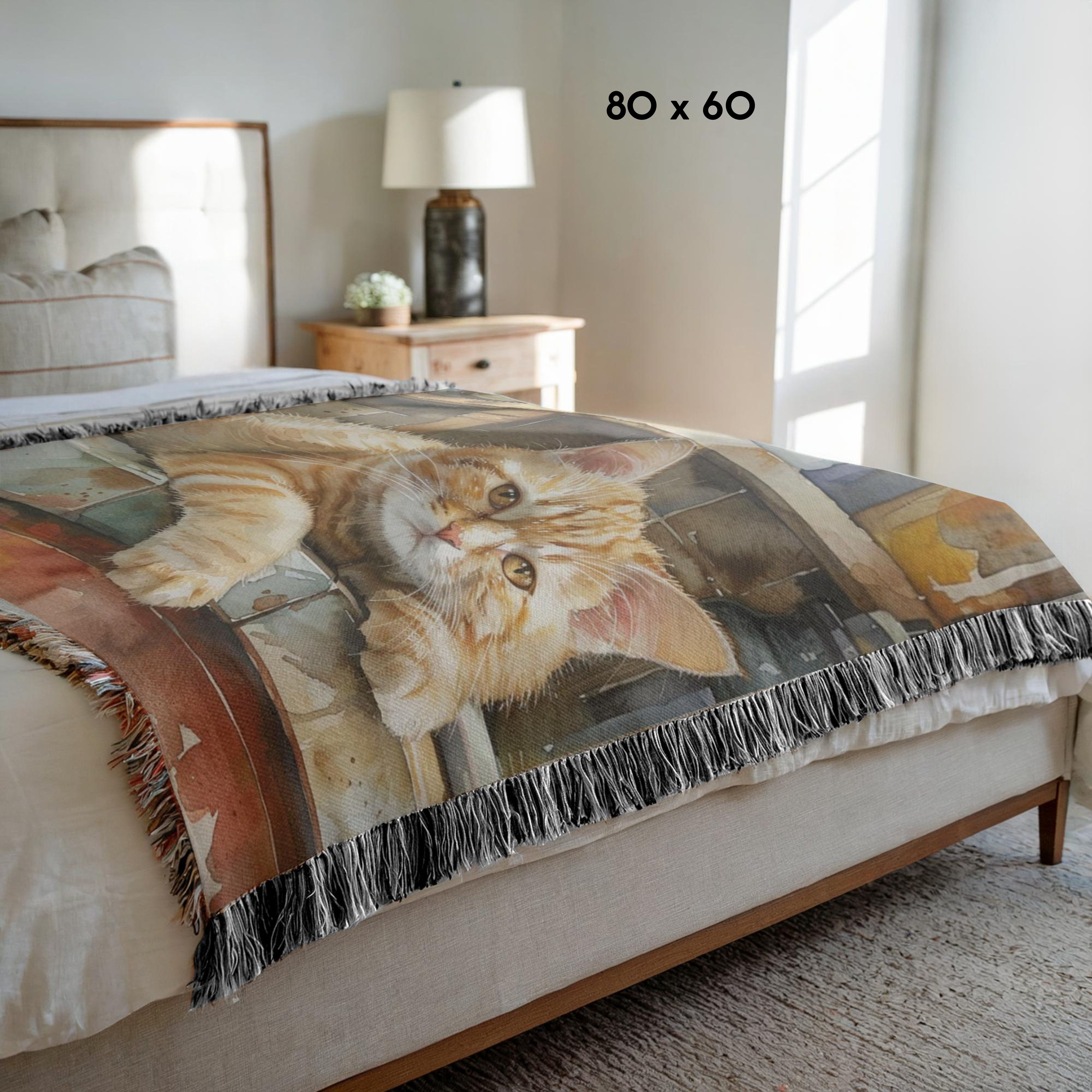 Cat Taking Catnap on Counter Woven Throw Blanket Gift for Cat Lover