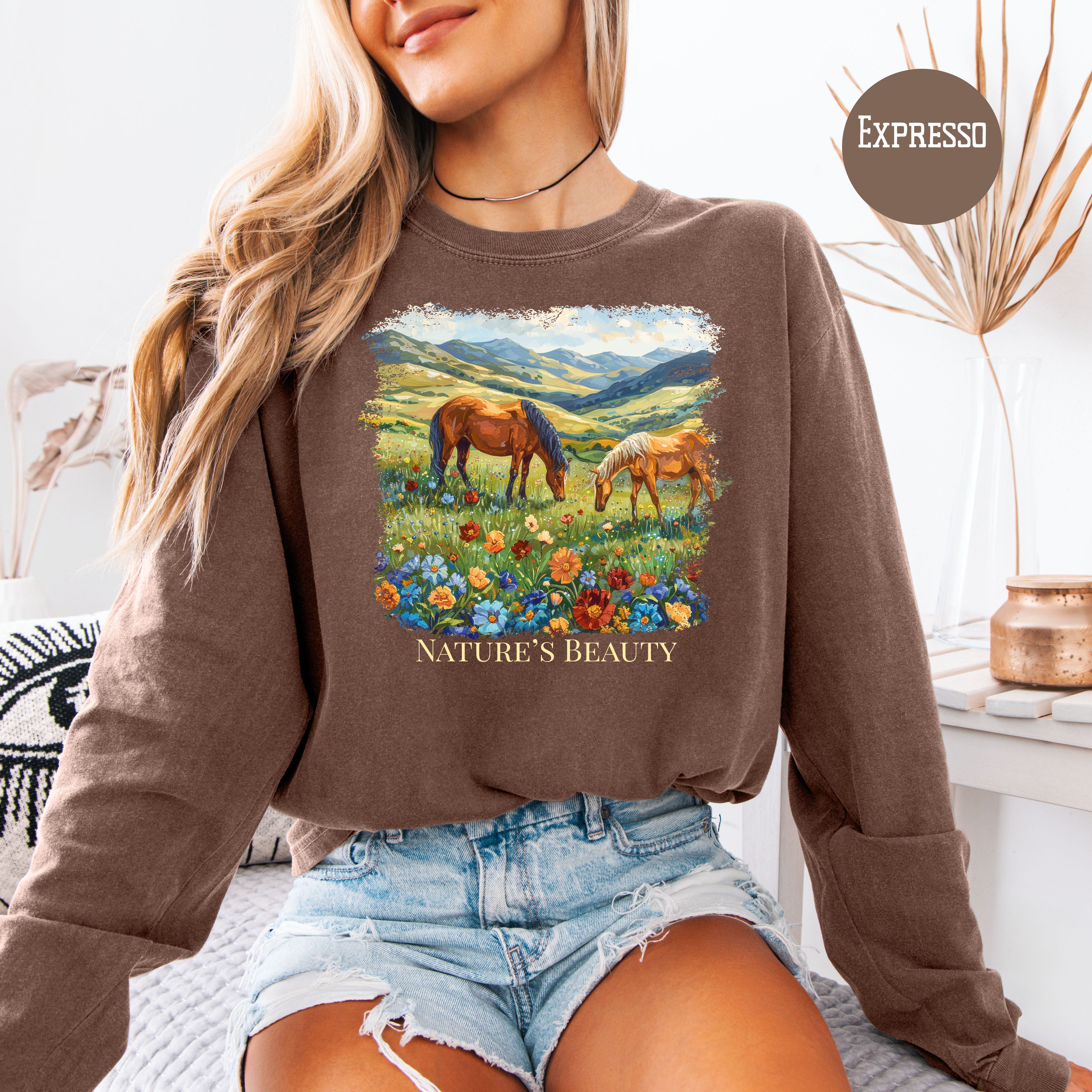 Beautiful Horses in a Field of Flowers Long Sleeve Comfort Colors Horse Lover Gift Tee