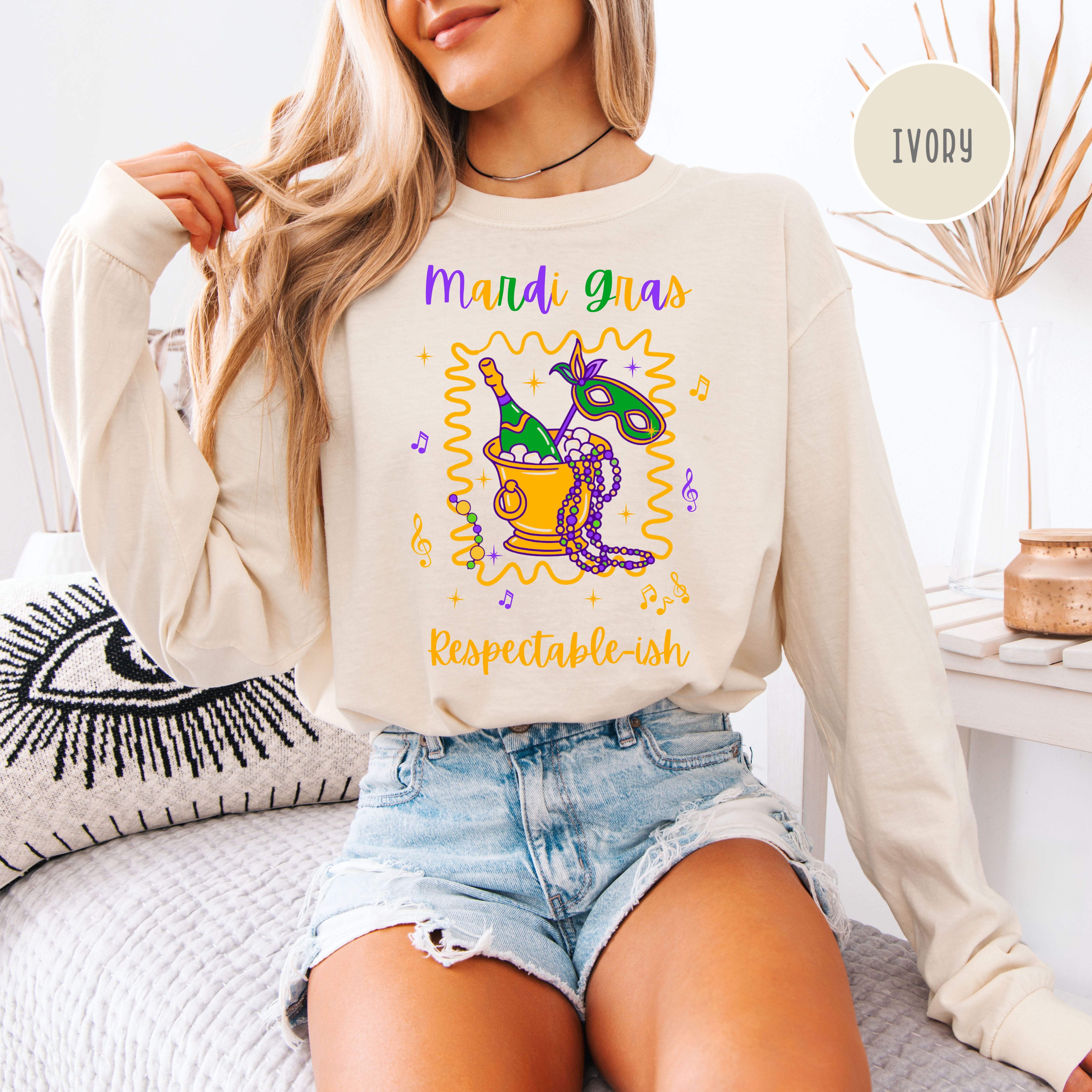Mardi Gras Respectable-ish Long Sleeve Comfort Colors T-Shirt, New Orleans Vacation Shirt
