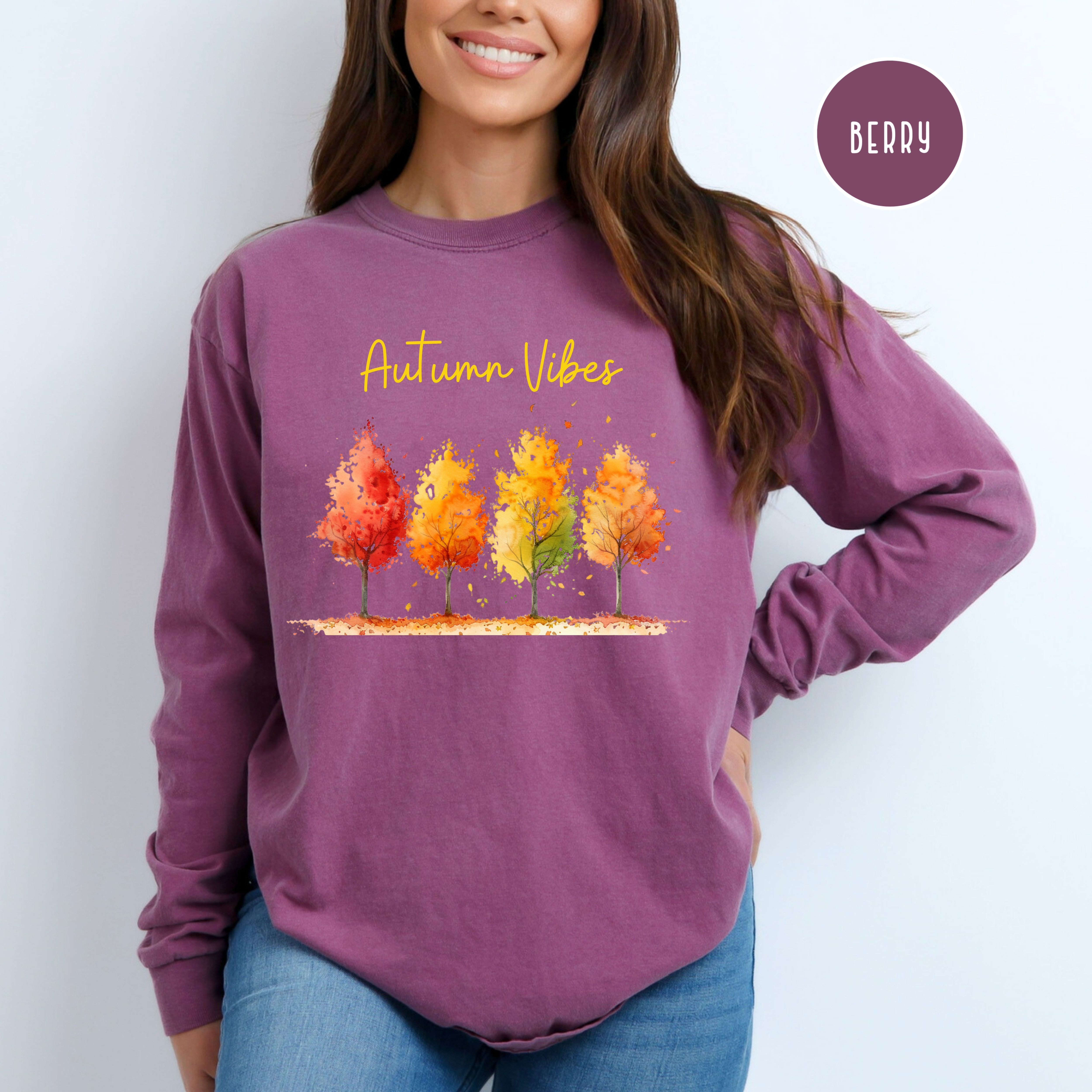 Autumn Vibes Colorful Fall Leaves Unisex Long Sleeve Comfort Colors Tee, Thanksgiving Season Gift