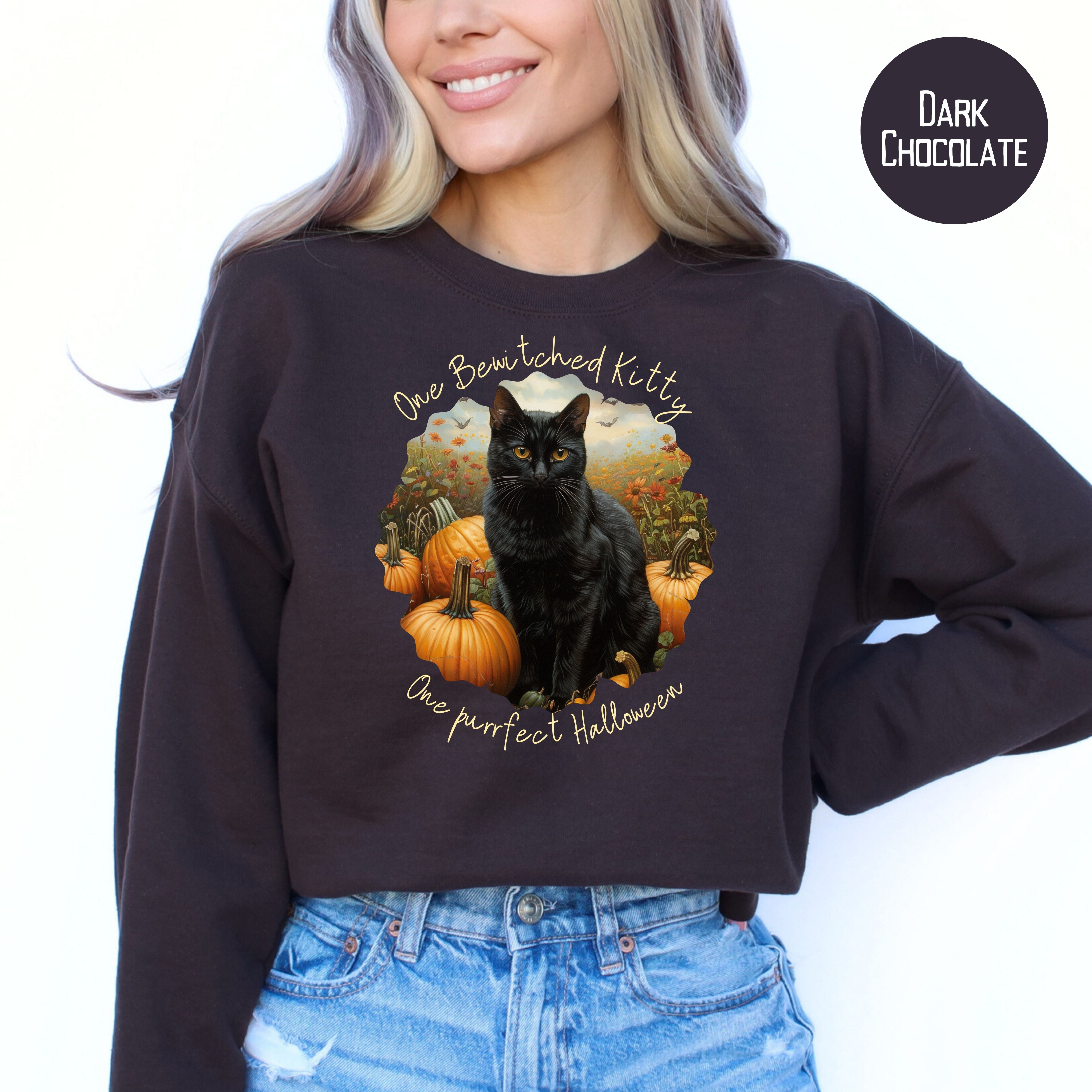 Bewitched Kitty on a Purrfect Halloween Sweatshirt