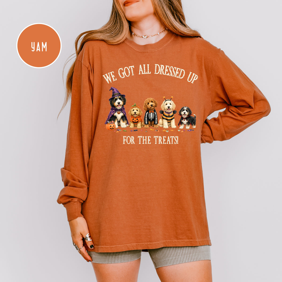 Halloween & Doodles Funny Dog Lover Long Sleeve Comfort Colors T-Shirt, Doodle Lover Halloween Gift, Doodle Dogs in Halloween Costumes Tee