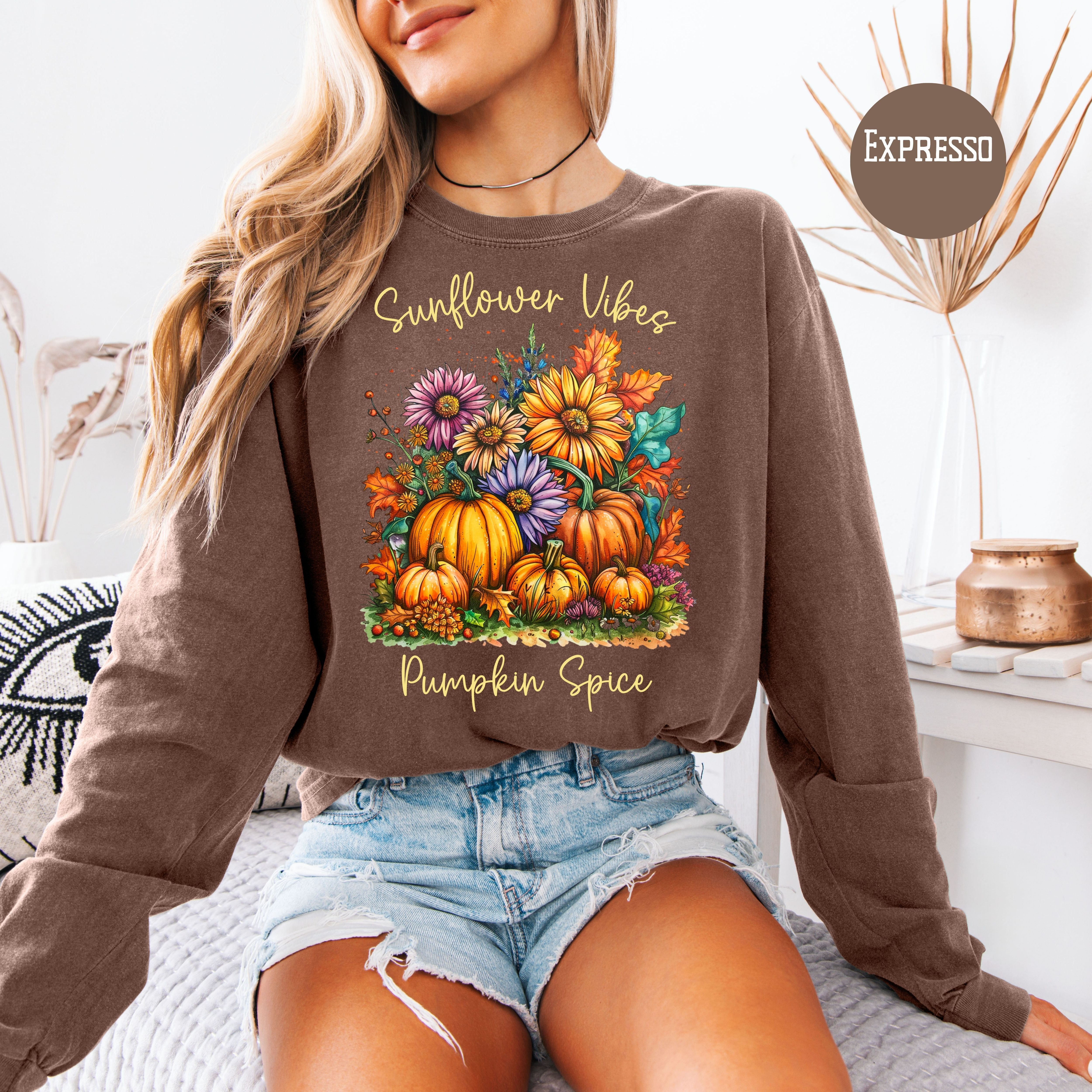Sunflower Vibes Pumpkin Spice Comfort Colors Unsex Long Sleeve Tee Shirt