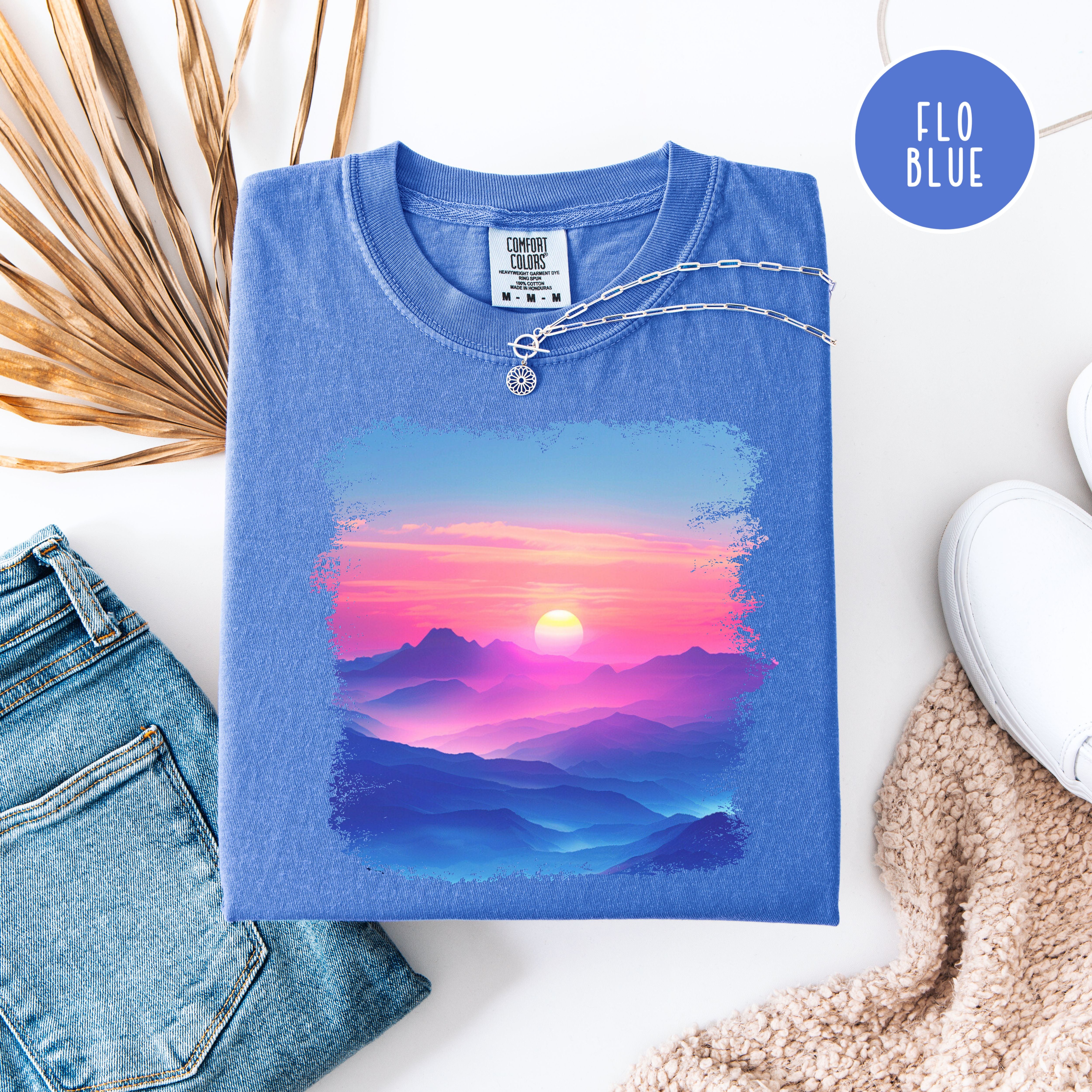 Colorful Sunset Over Mountains Comfort Colors T-shirt, Pink Purple Red Yellow Sunset