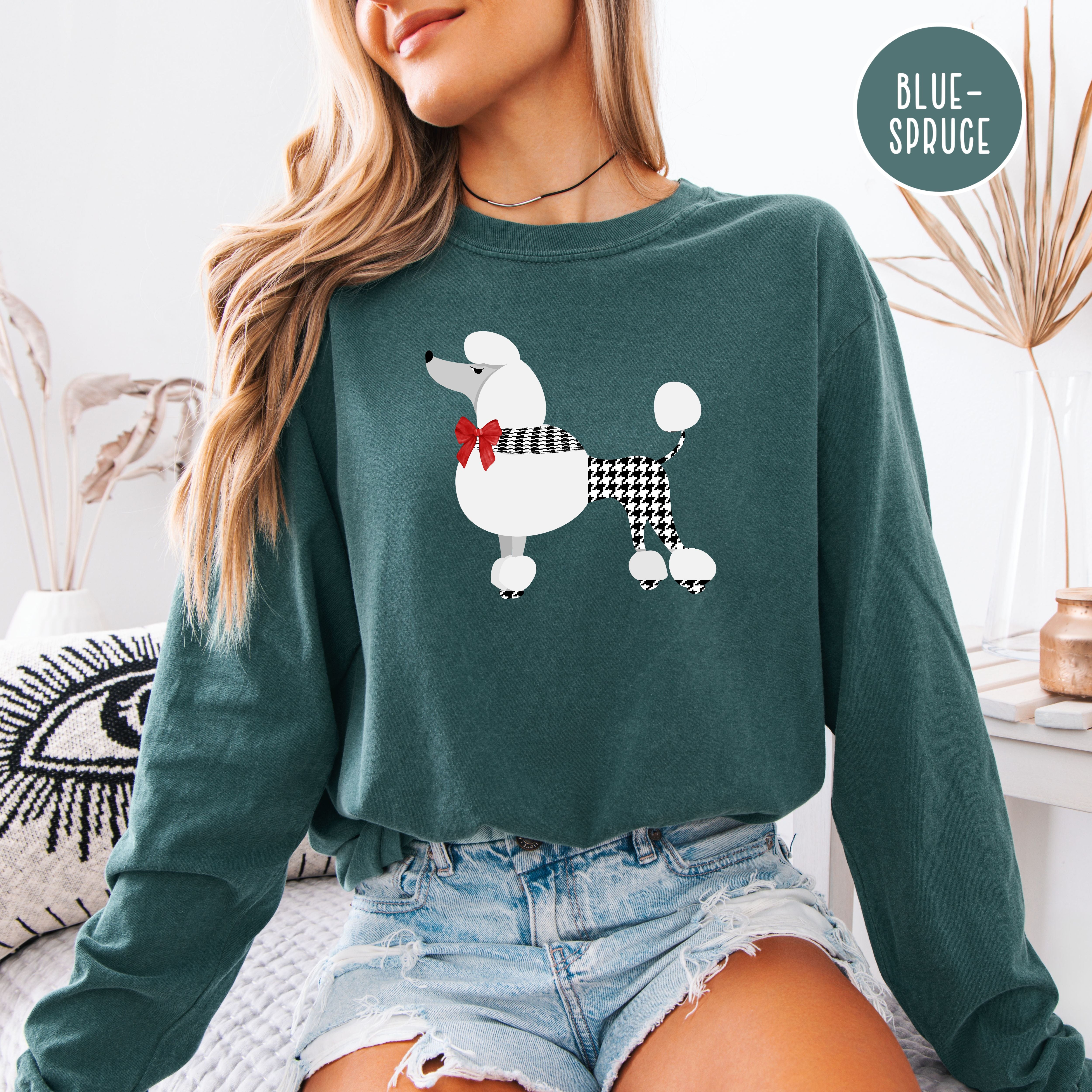 French Poodle Dressed in Houndstooth w Red Bow Long Sleeve Comfort Colors T-Shirt