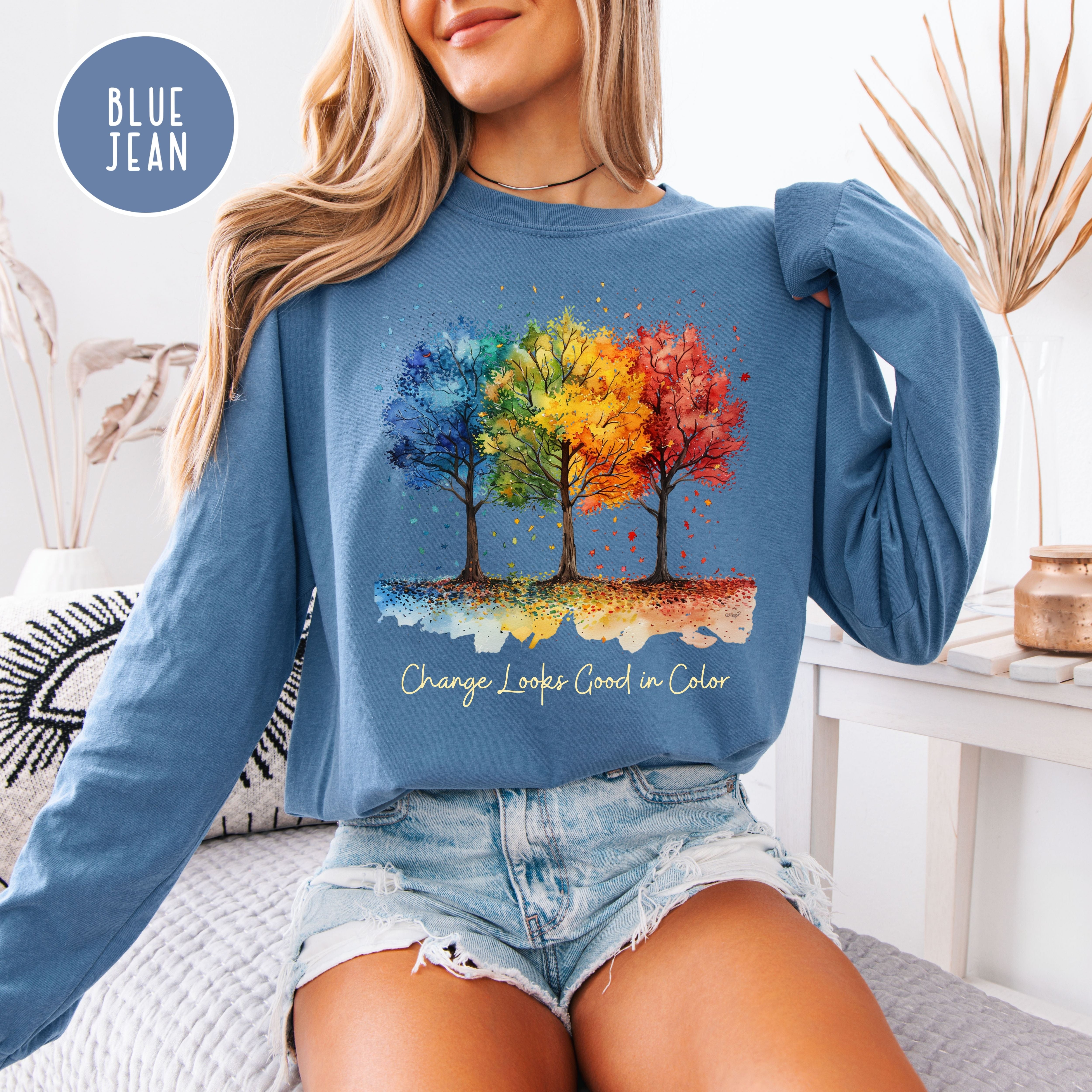 Change Looks Good In Color Autumn Unisex Comfort Colors Long Sleeve Fall Tee