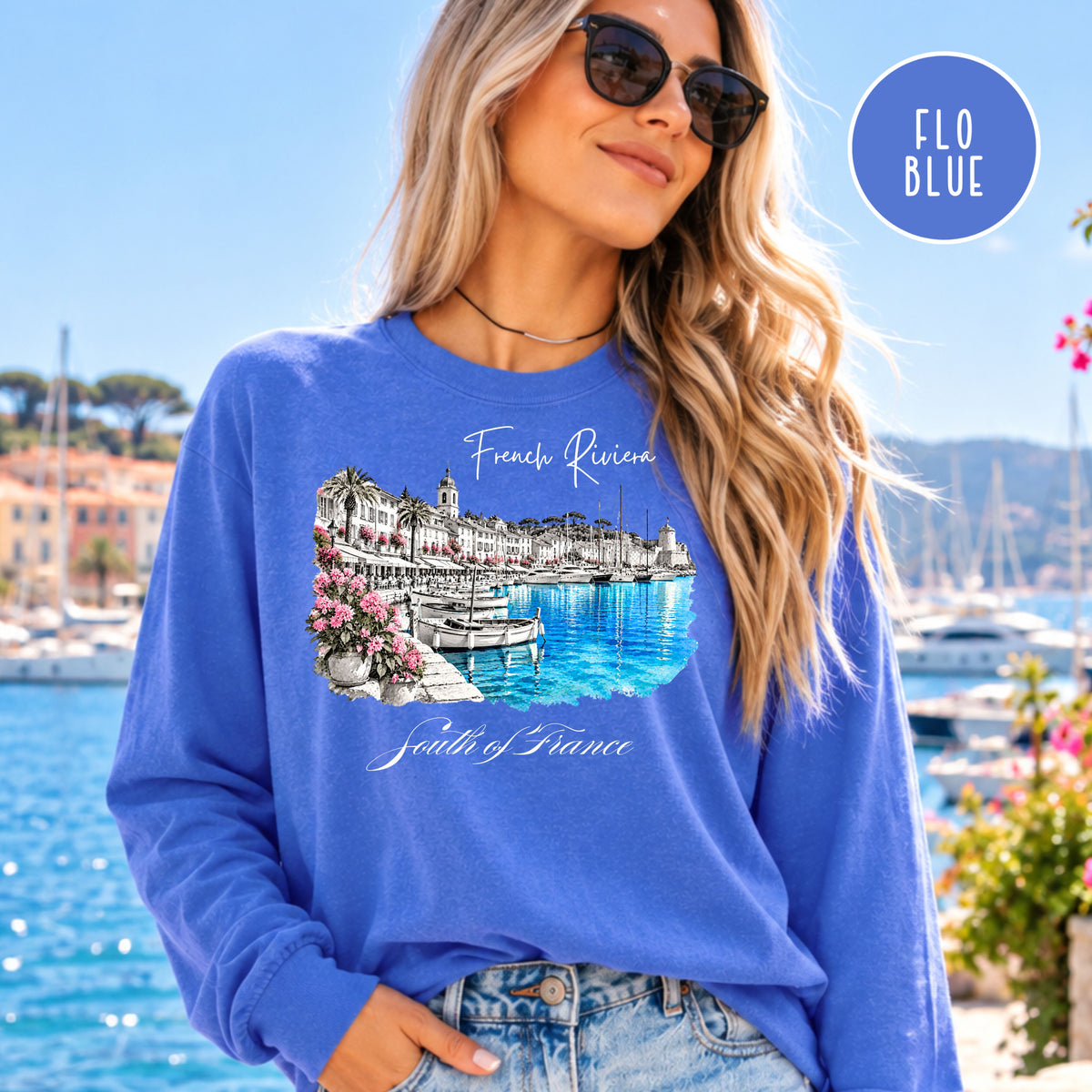 French Riviera Long Sleeve Comfort Colors Tee, South of France Vacation Gift, Mediterranean Coast Shirt, Cote d'Azur Gift, France Gift Shirt