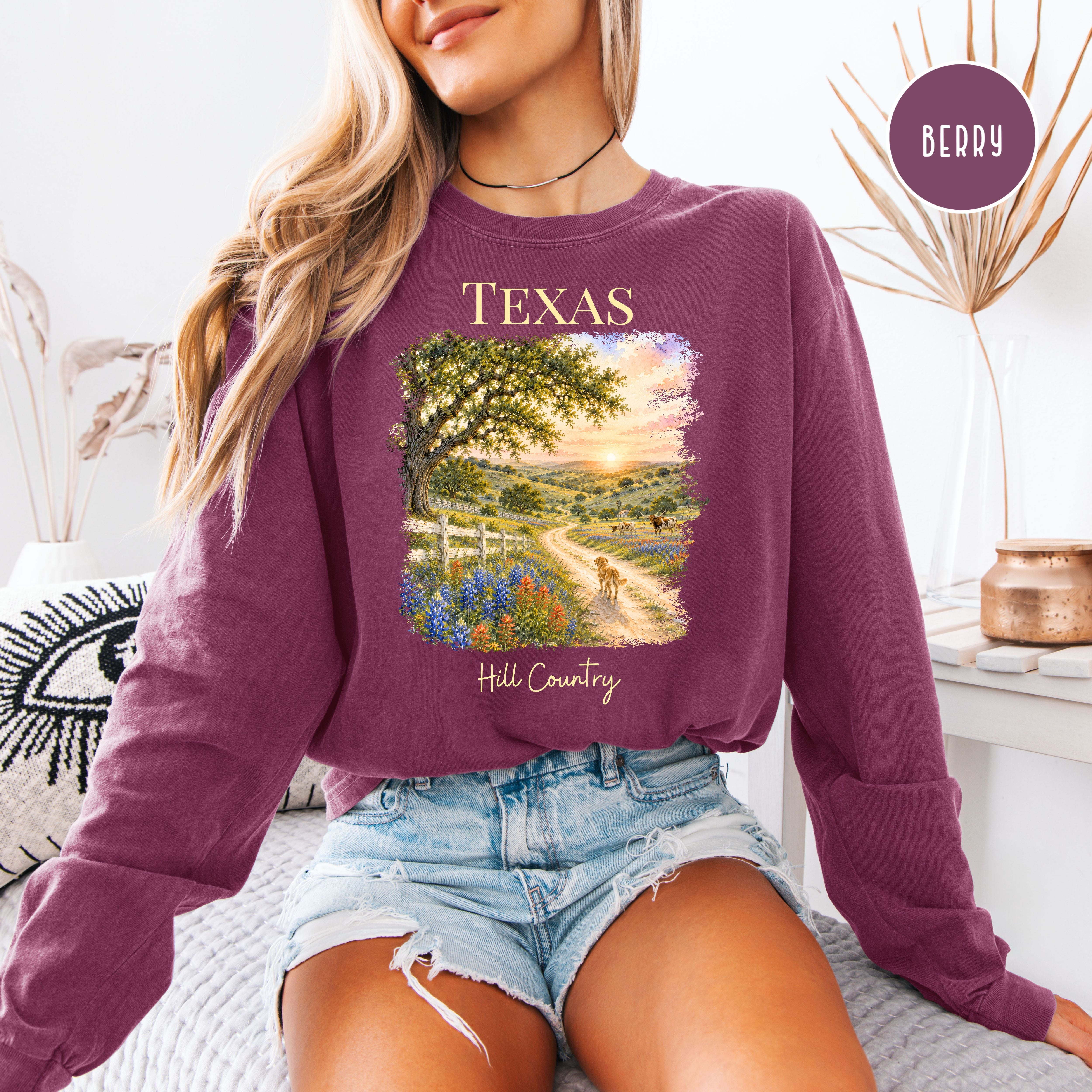 Texas Hill Country Long Sleeve Comfort Colors T-Shirt, Texas Vacation Shirt, Texas Gift Shirt, Texas Travel Gift, Texas Blue Bonnets Shirt