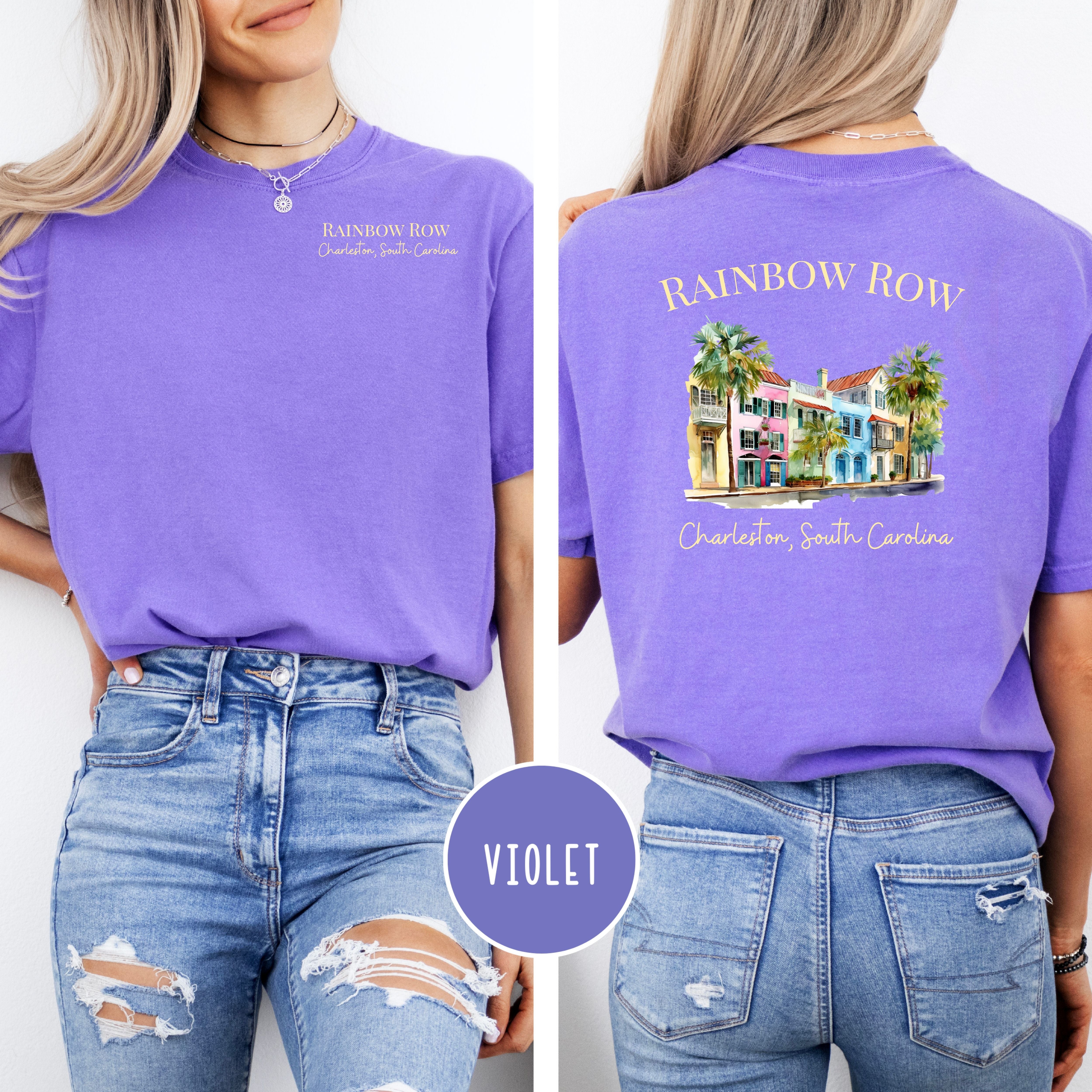 Rainbow Row Charleston South Carolina Comfort Colors Vacation Gift Tee Design Front and Back