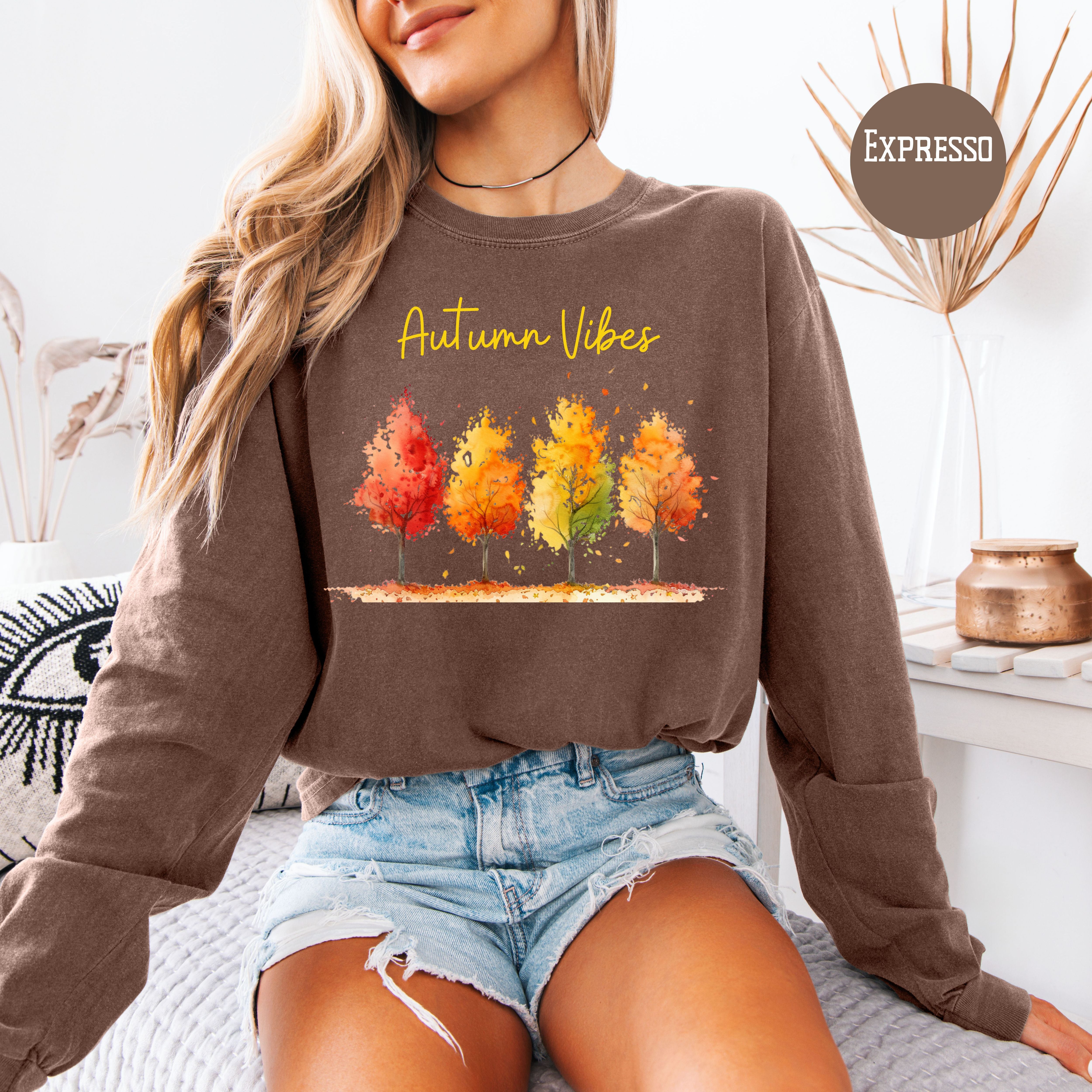 Autumn Vibes Colorful Fall Leaves Unisex Long Sleeve Comfort Colors Tee, Thanksgiving Season Gift