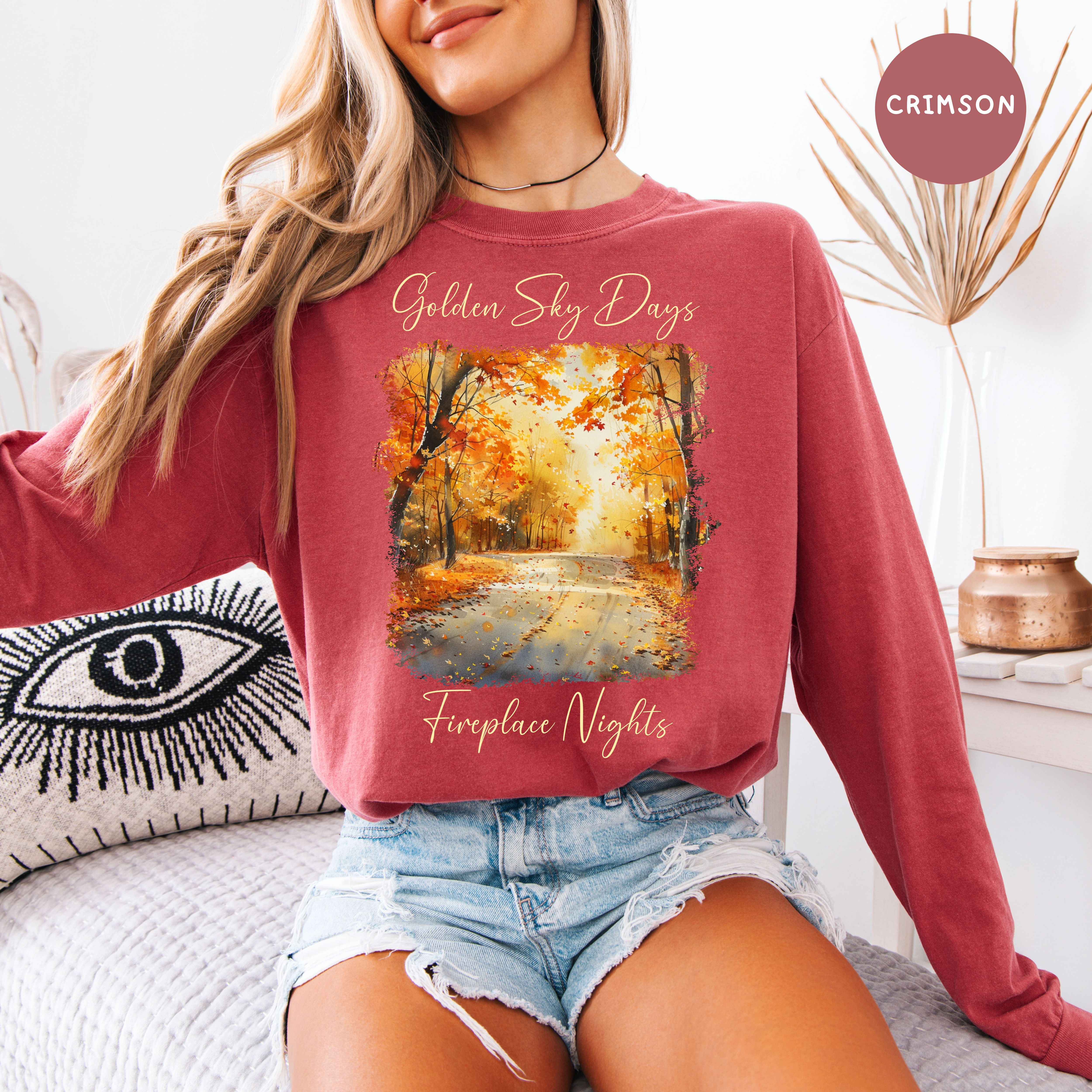 Golden Sky Days and Fireplace Nights Autumn Season Long Sleeve Comfort Colors Fall Colors Tee Shirt