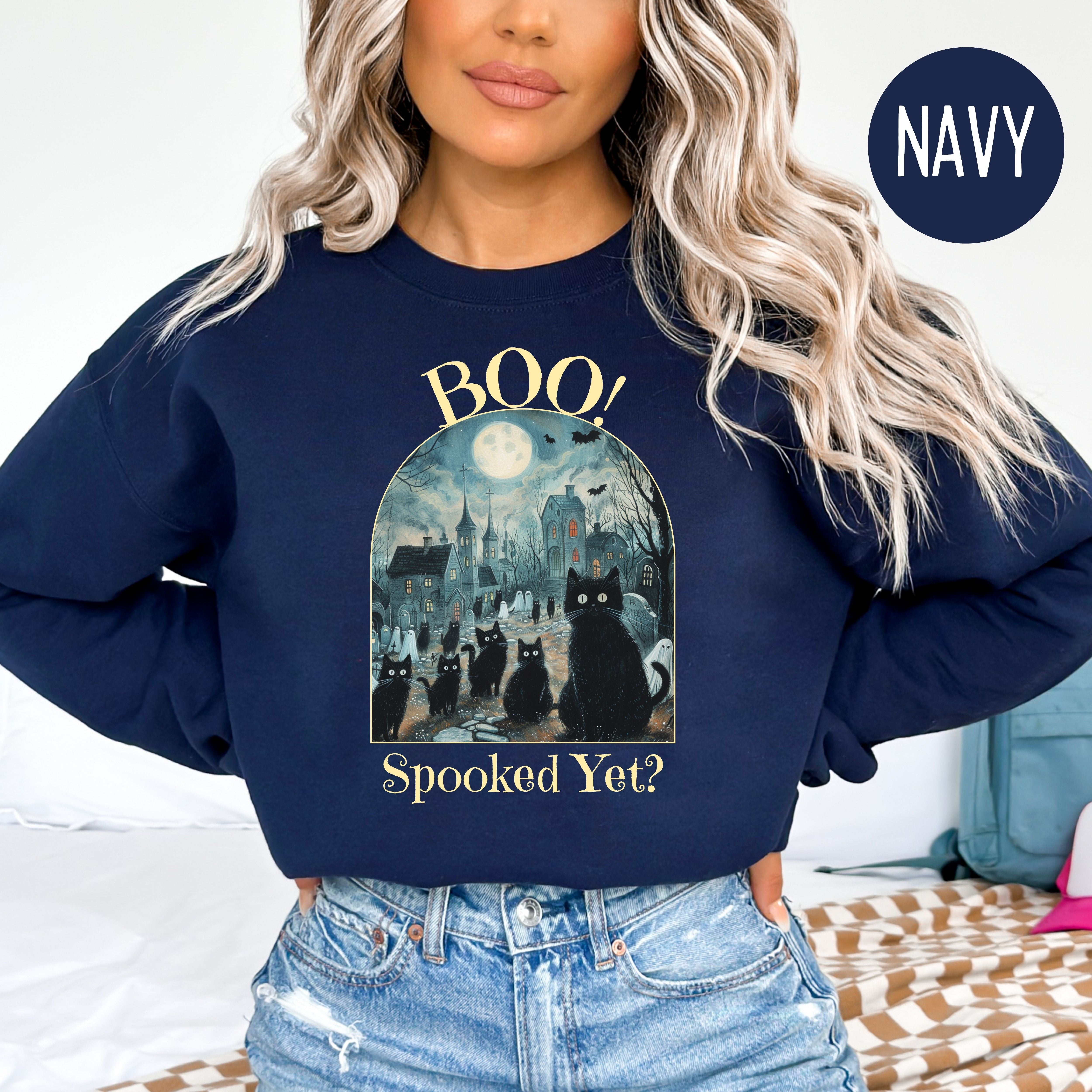 Black Cats and Ghosts in Graveyard Halloween Sweatshirt