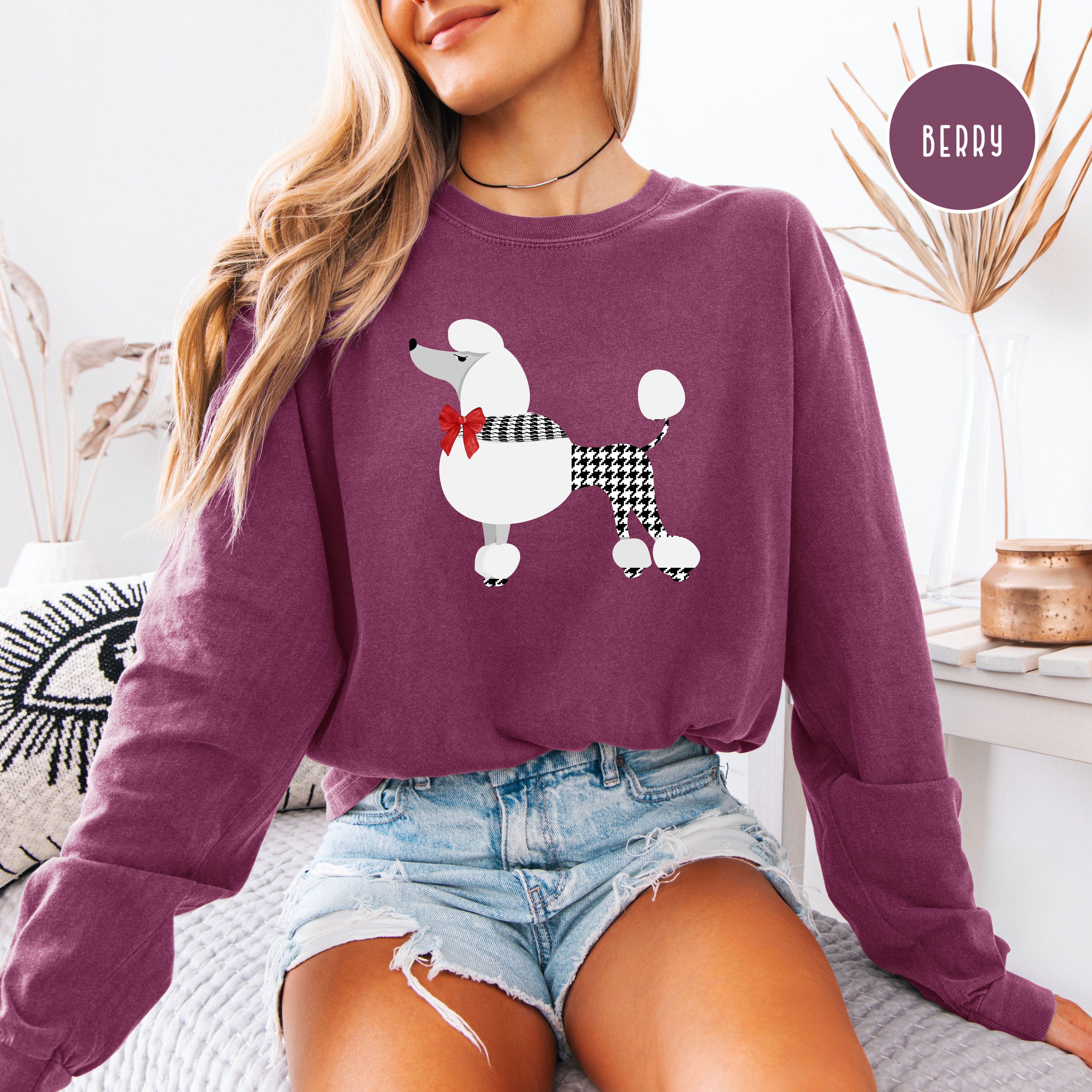 French Poodle Dressed in Houndstooth w Red Bow Long Sleeve Comfort Colors T-Shirt