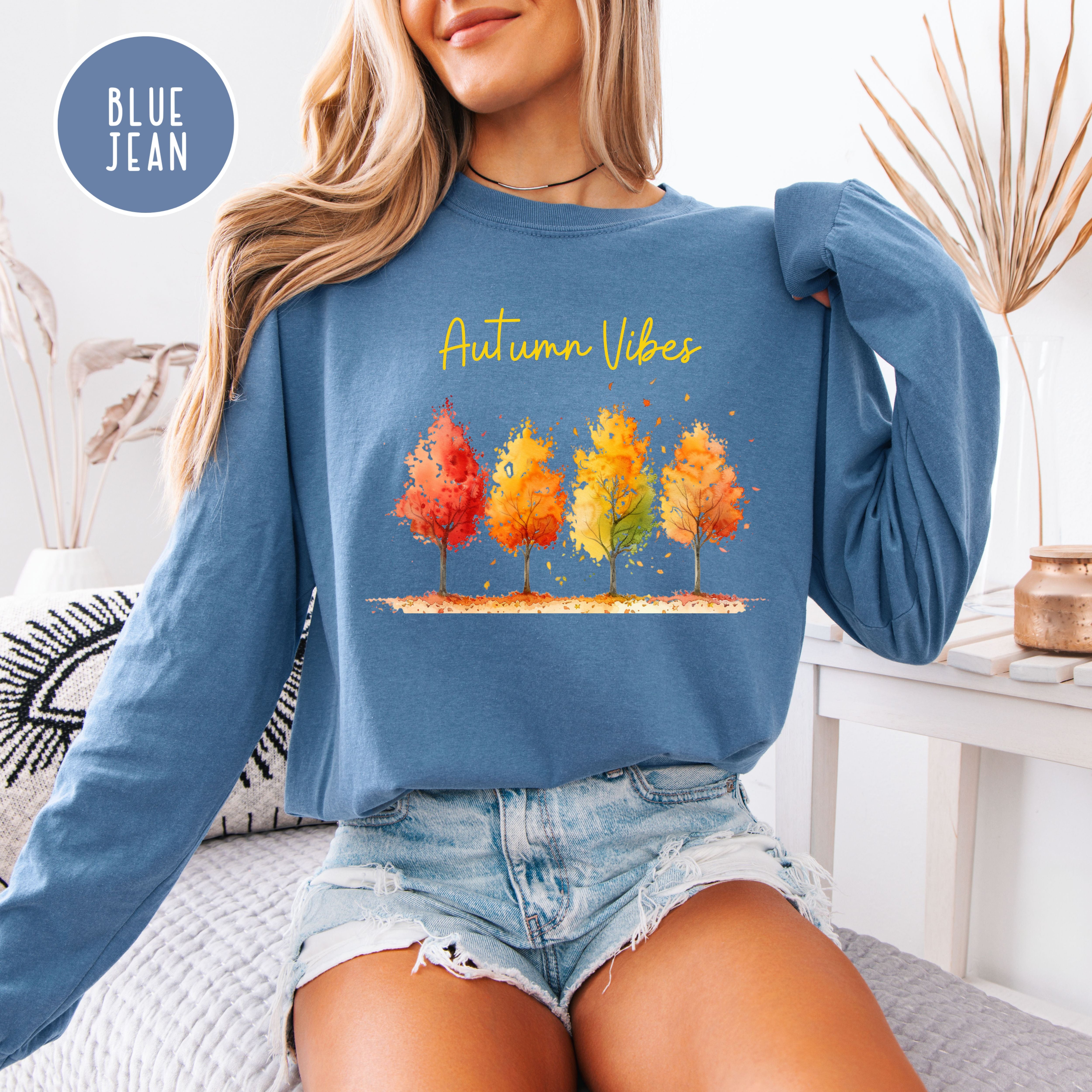 Autumn Vibes Colorful Fall Leaves Unisex Long Sleeve Comfort Colors Tee, Thanksgiving Season Gift